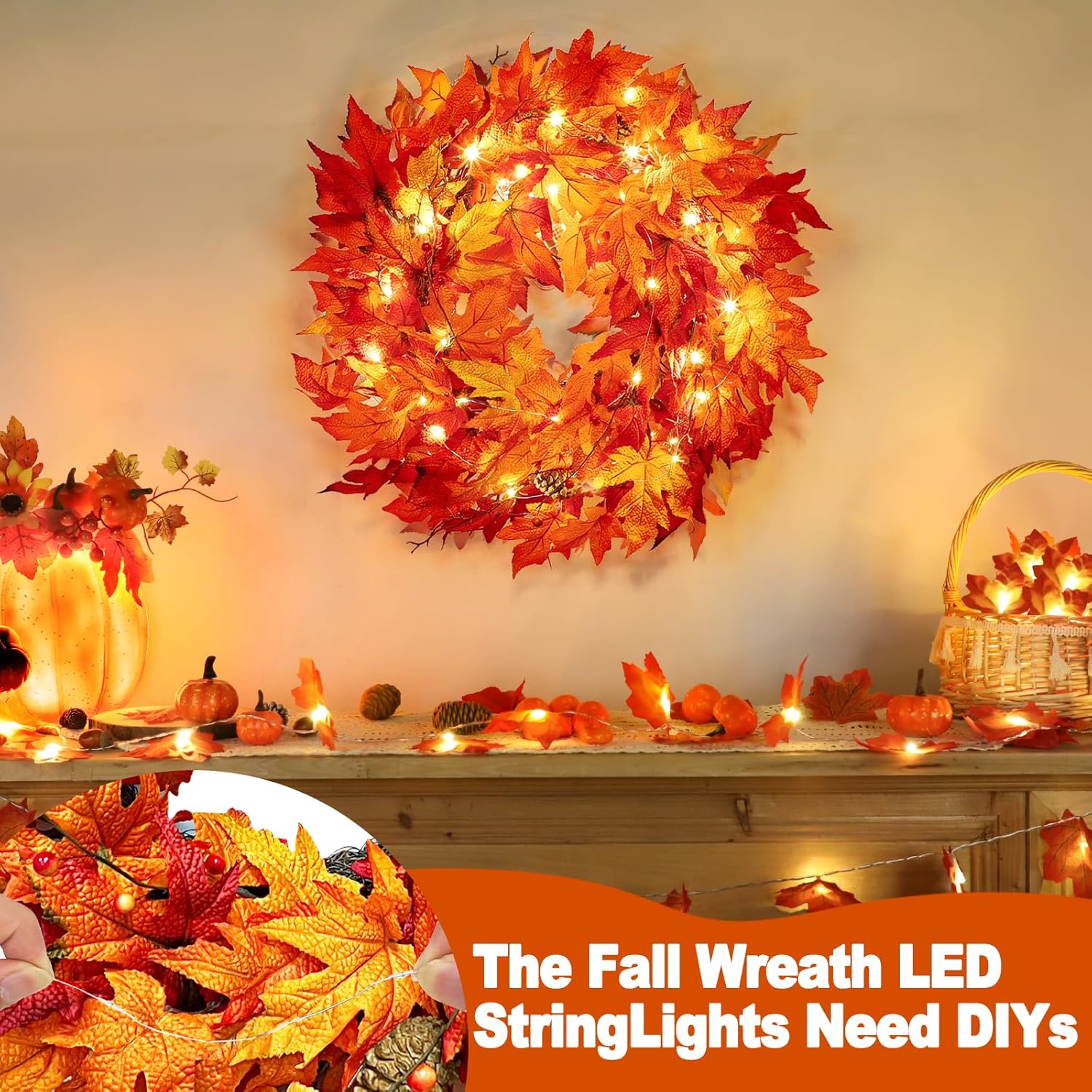 24 Inch Lighted Fall Wreath for Front Door