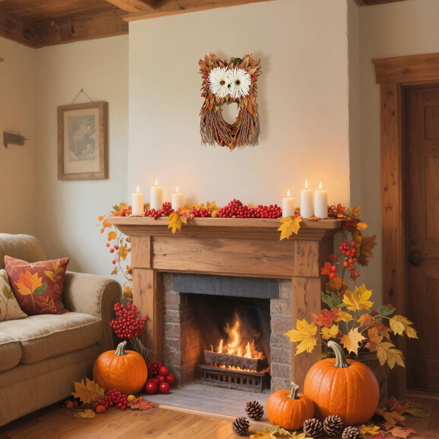 Winemana Fall Wreath with Owl and Berries