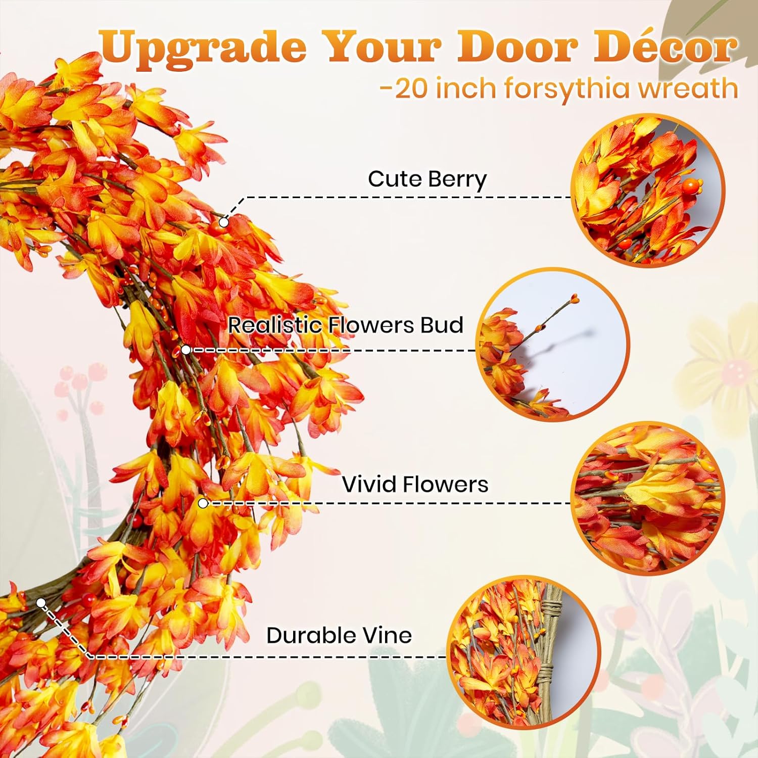 20 Inch Artificial Forsythia Flower Wreath Orange