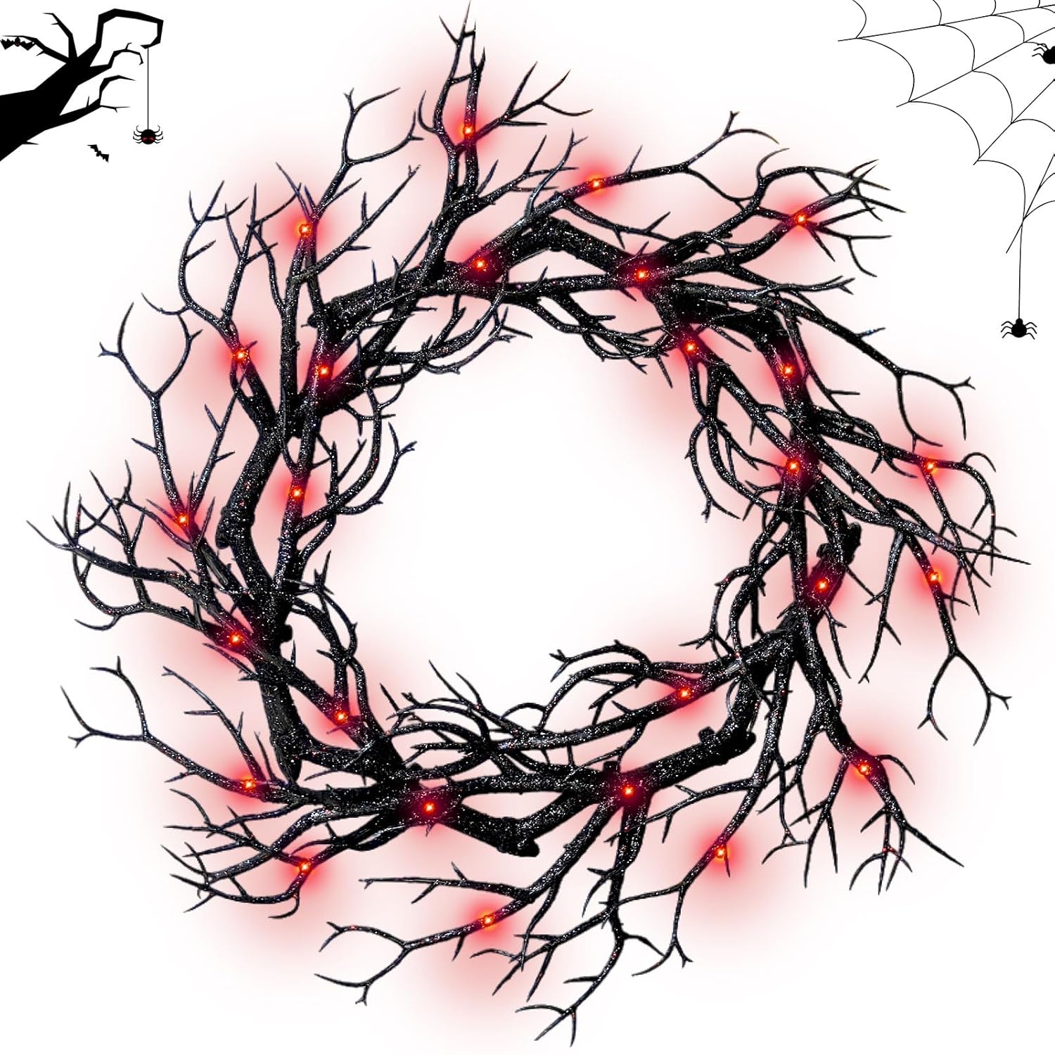 Halloween Black Branch Wreath with Lights