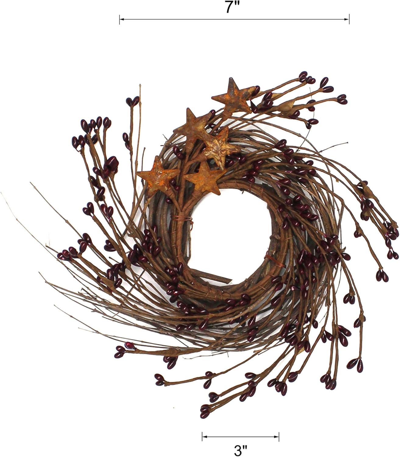 Rustic Pip Berries and Twig Wreath with Barn Stars 7 Inch Burgundy