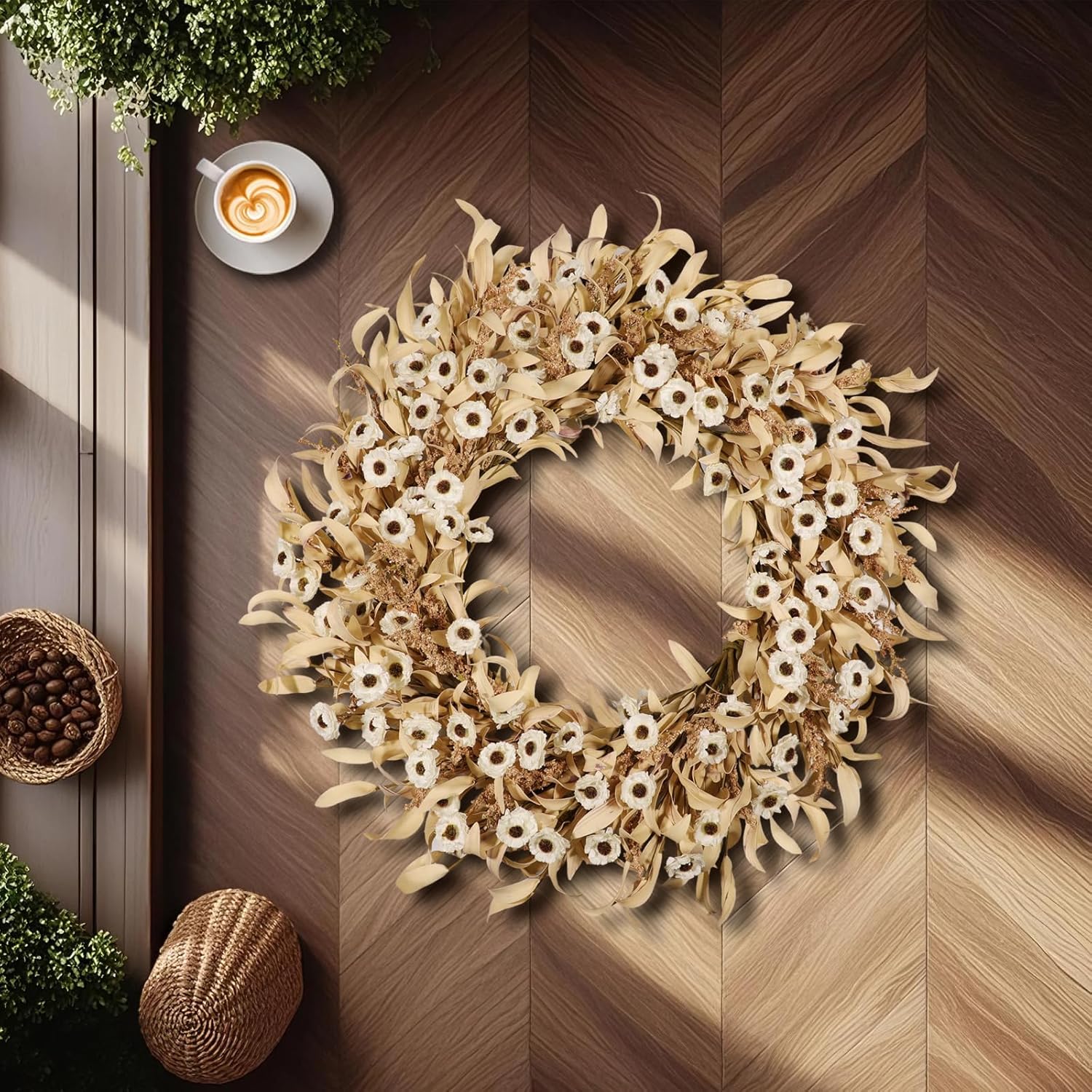 24 Inch White Floral Wreath for Front Door