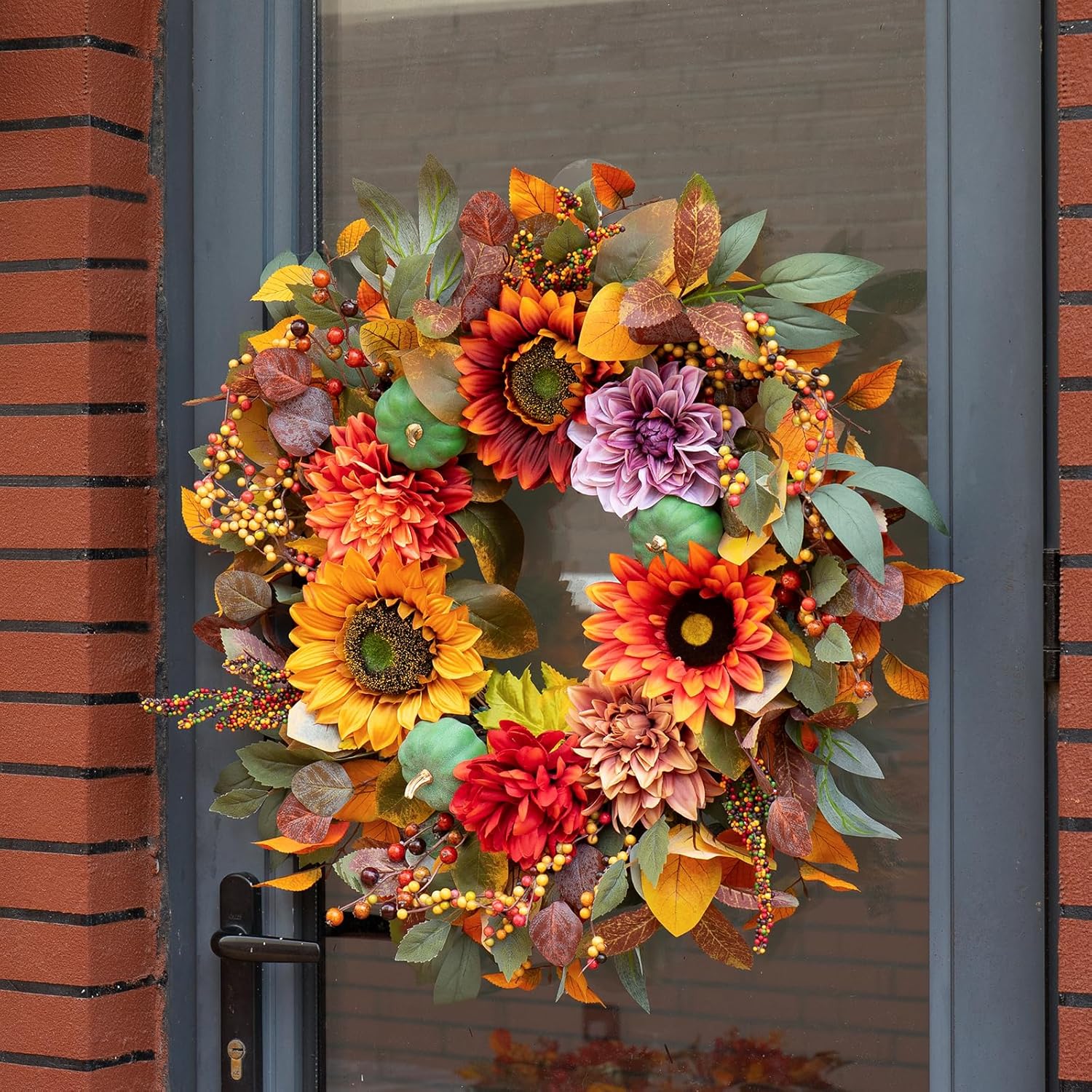 24 Inch Autumn Front Door Wreath with Pumpkins and Fall Leaves
