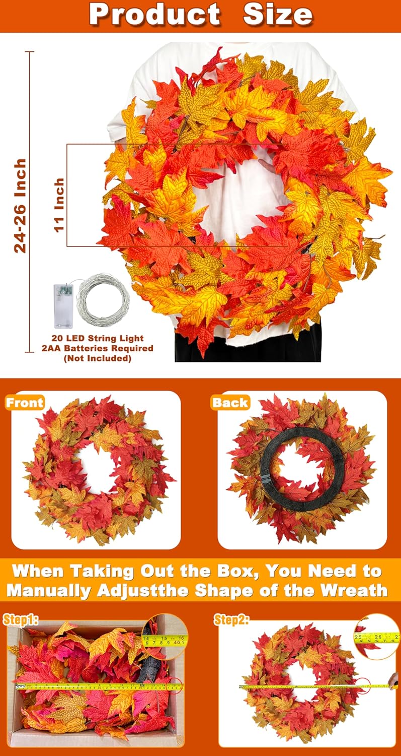 26 Inch Foldable Fall Wreath with Lights and Timer