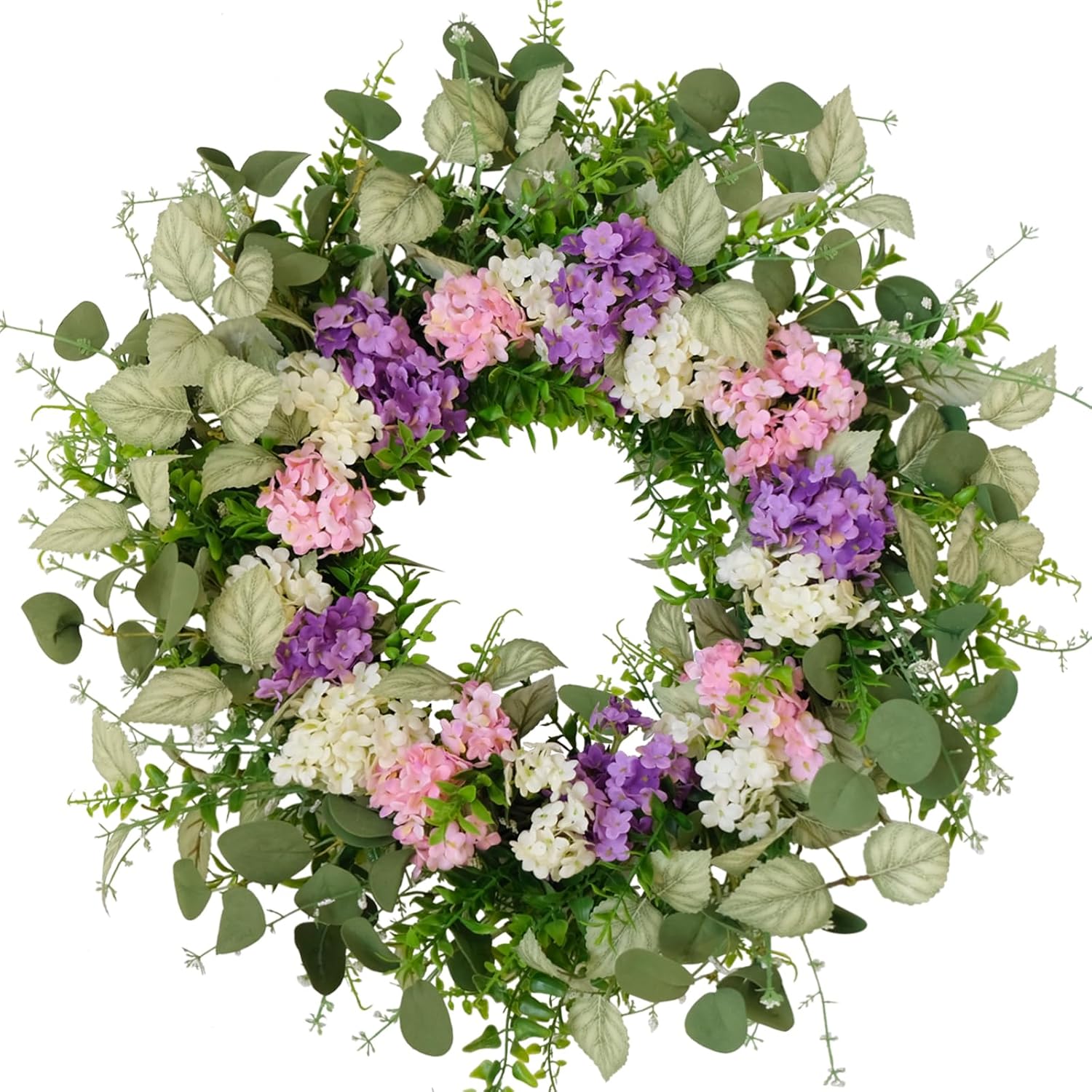 CIR OASES 22 Inch Artificial Hydrangea Wreath with Eucalyptus Leaves