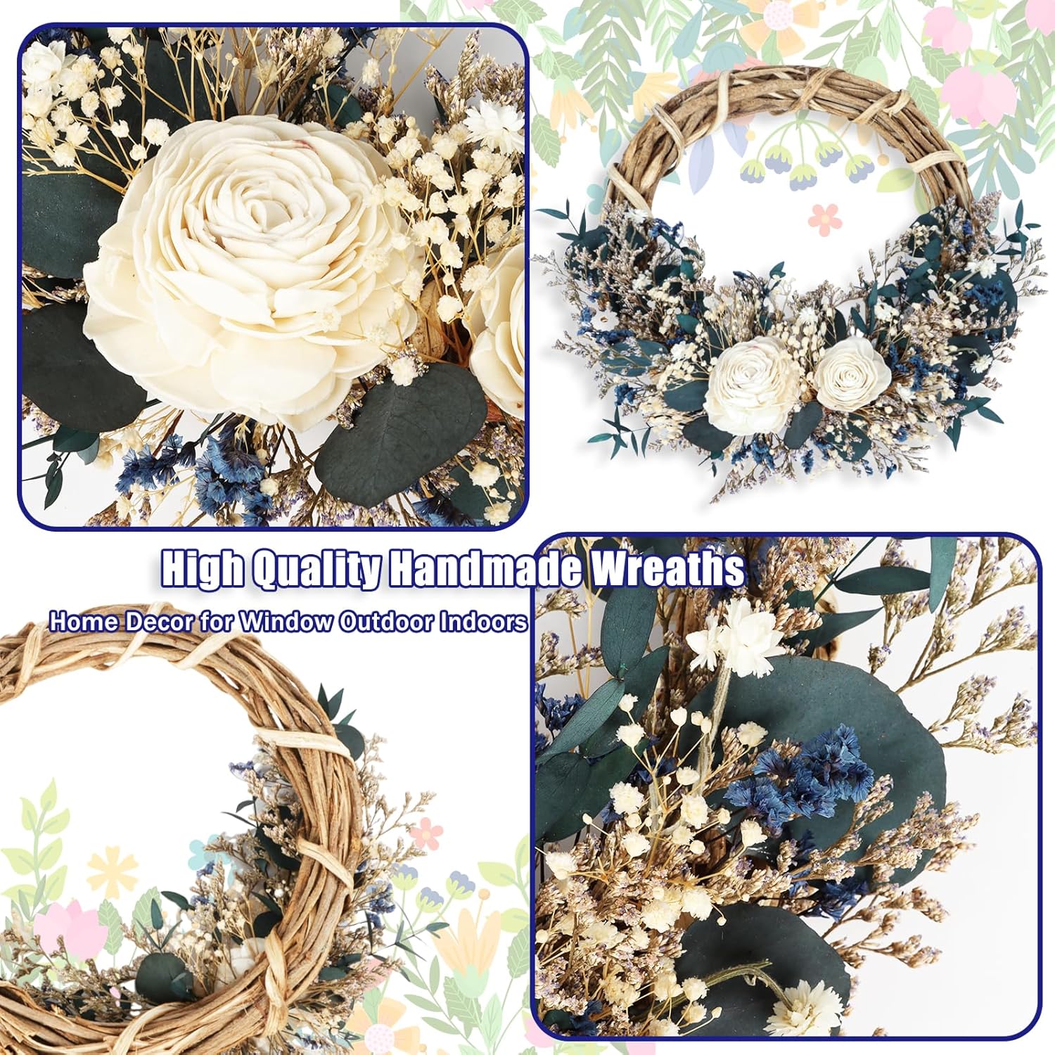 18 Preserved Flowers Wreath Natural Dried Farmhouse Decor