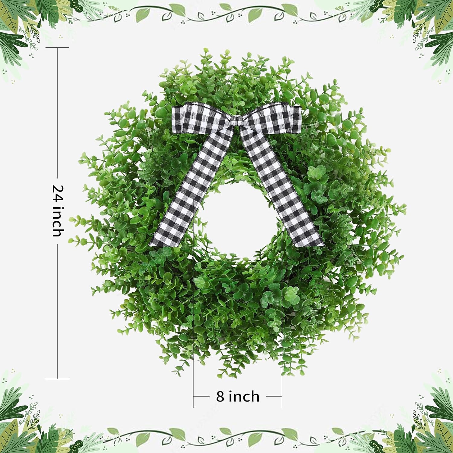 Artificial Boxwood Wreath with 3 Plaid Bows 24 Inch