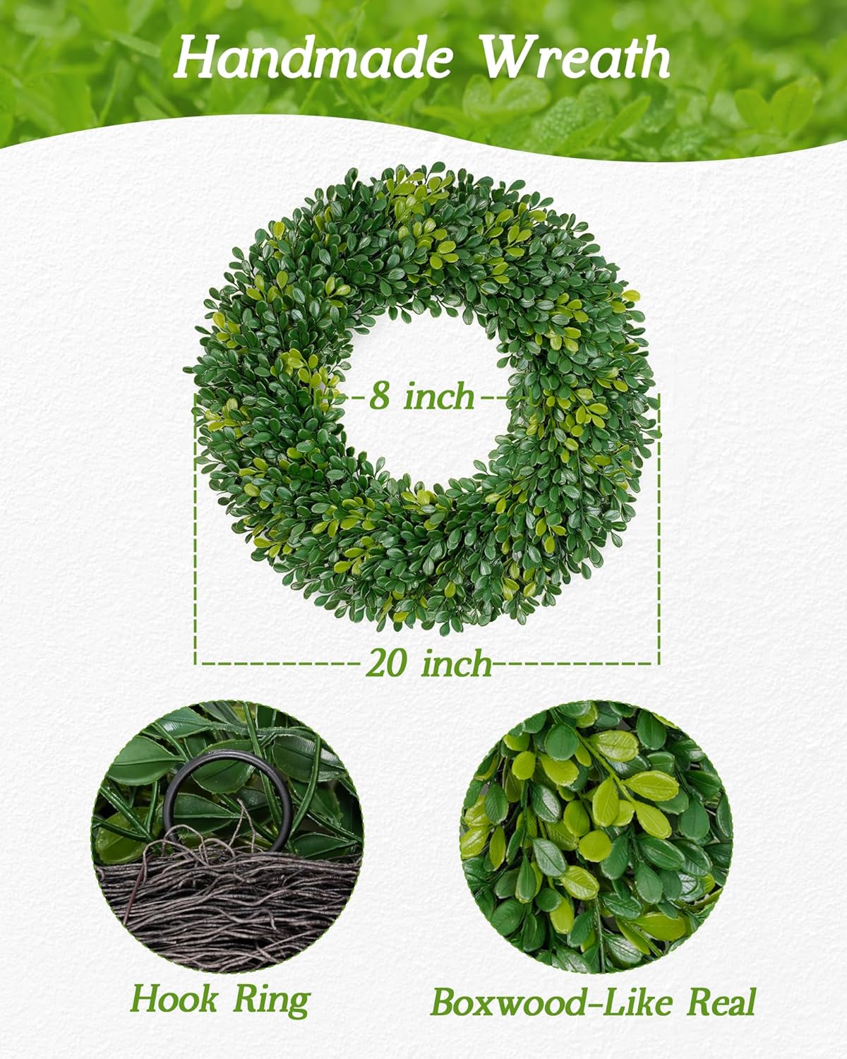 Vlorart 20 Inch Artificial Boxwood Wreath for Front Door