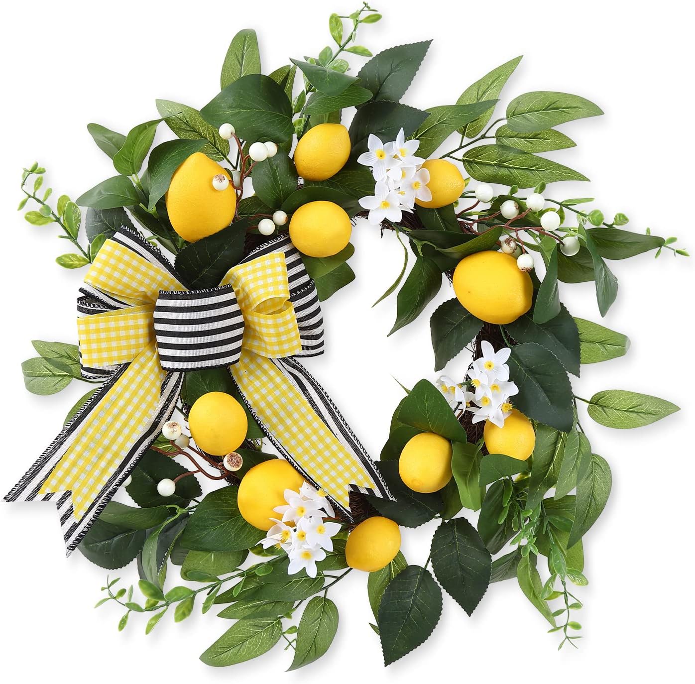 20 Inch Spring Summer Lemon Wreath with Daisy Bow and Eucalyptus