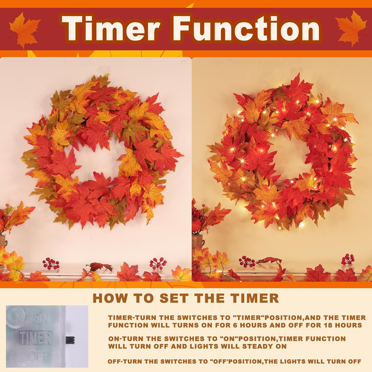 26 Inch Foldable Fall Wreath with Lights and Timer