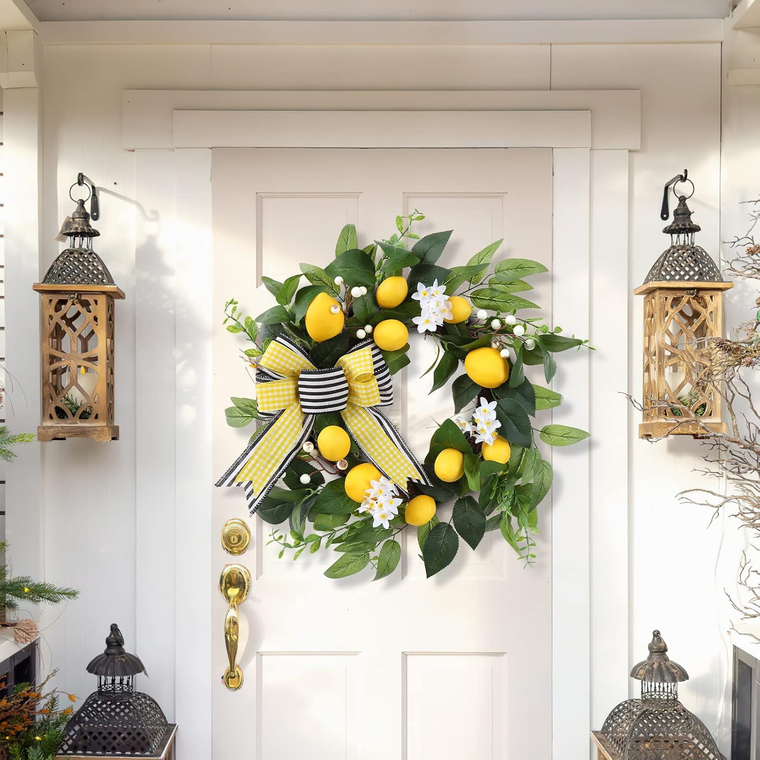 20 Inch Spring Summer Lemon Wreath with Daisy Bow and Eucalyptus