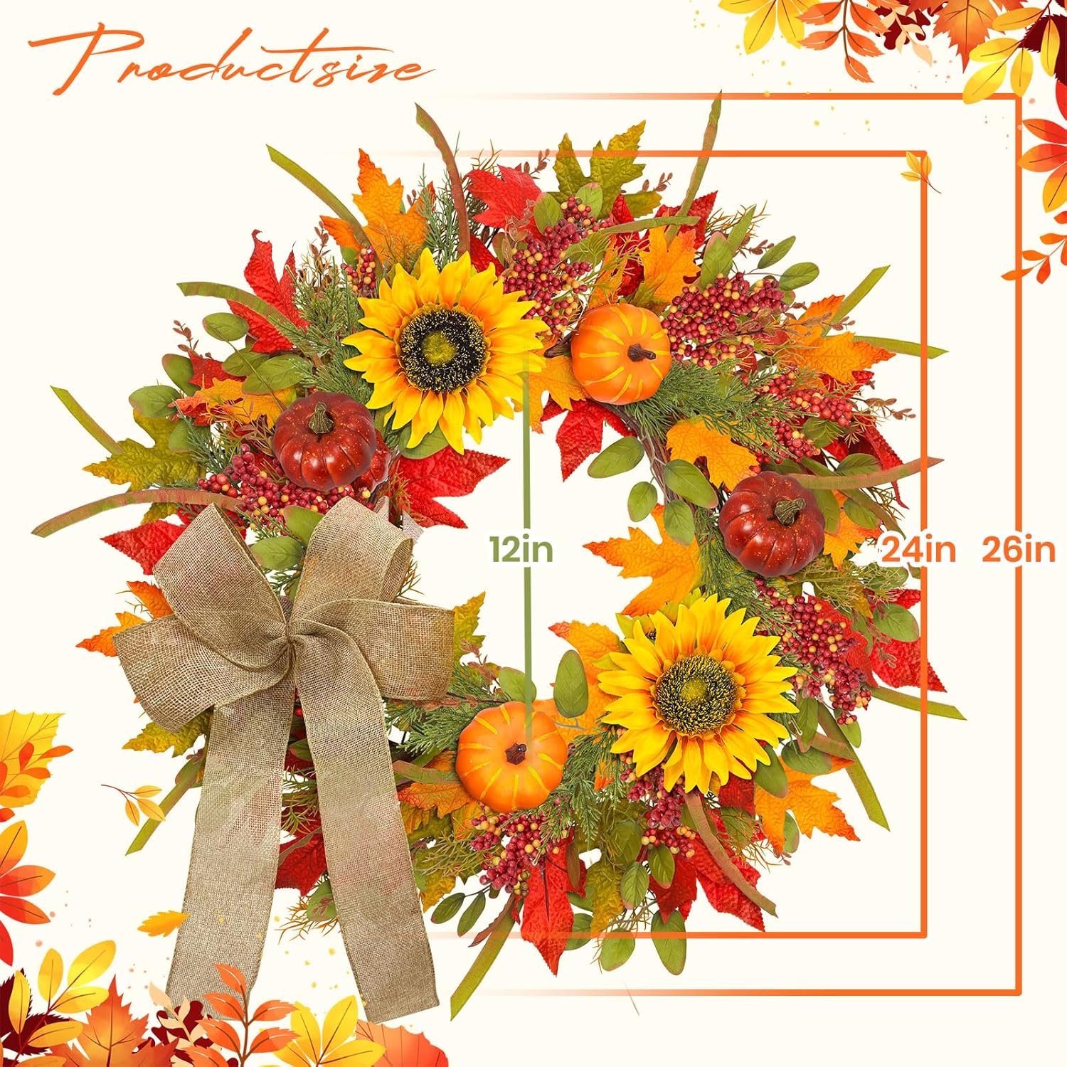 Fall Wreath with Lights and Pumpkins for Front Door