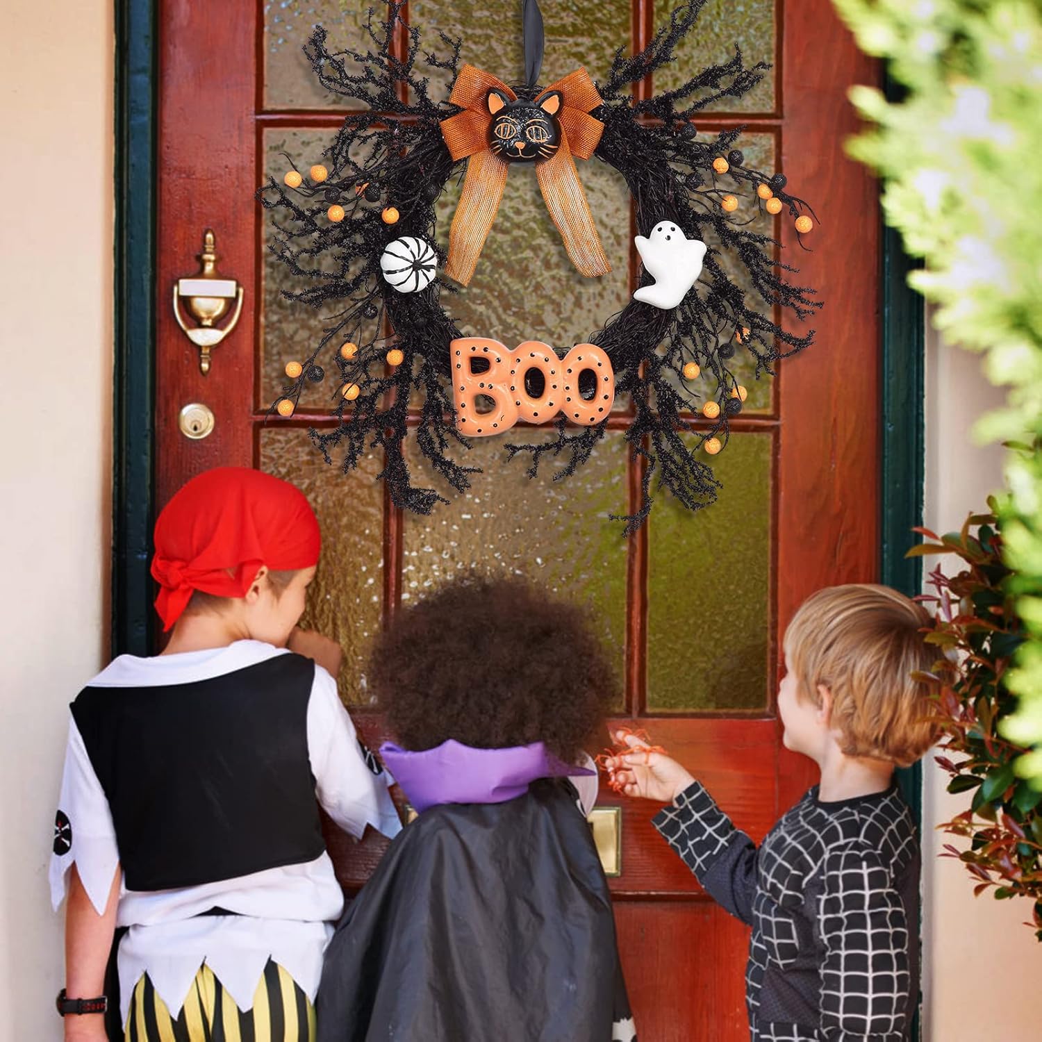 Adeeing 18 Inch Halloween Wreath with Black Cat and Boo Sign