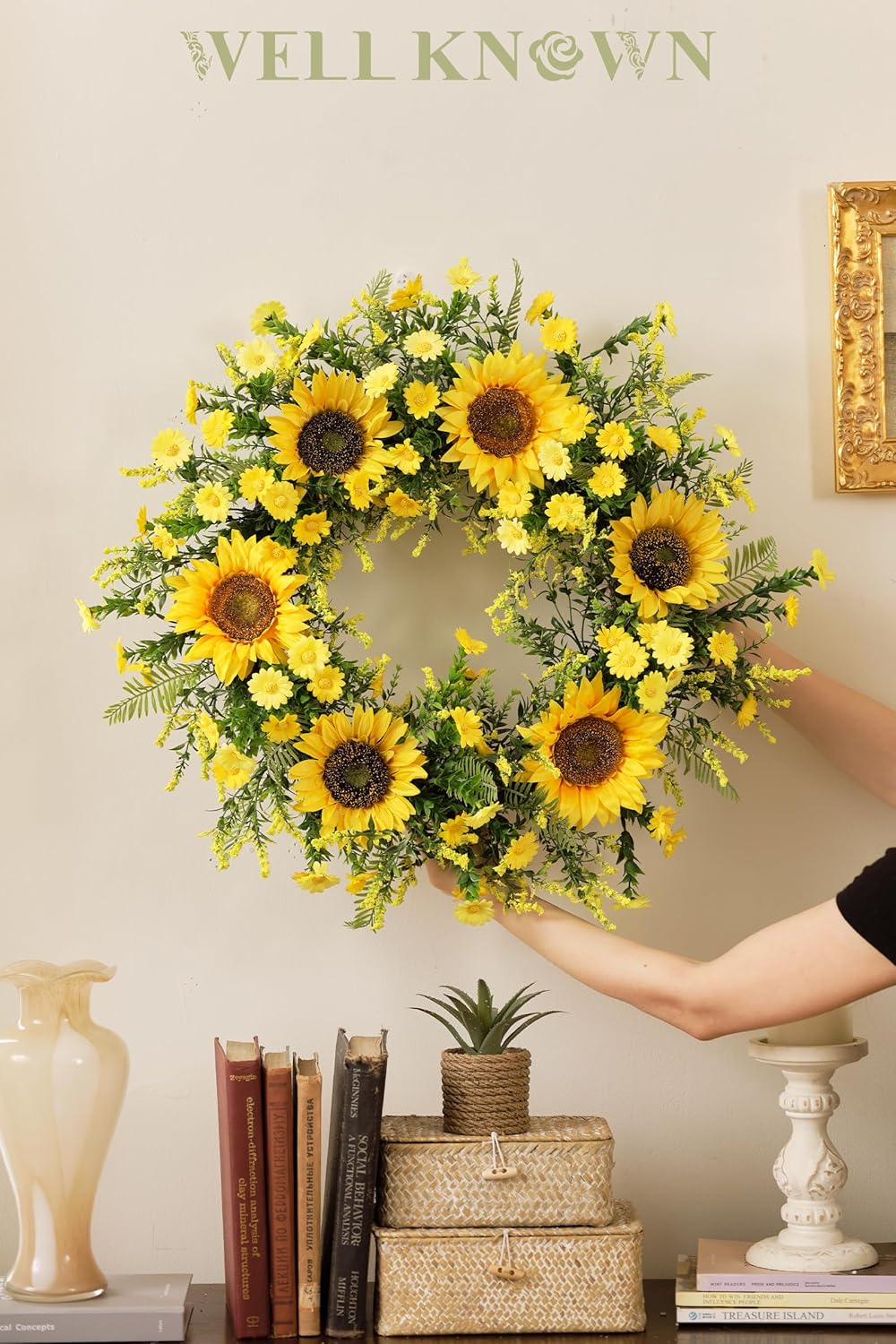 21 Inch Yellow Silk Sunflower Wreath for Front Door