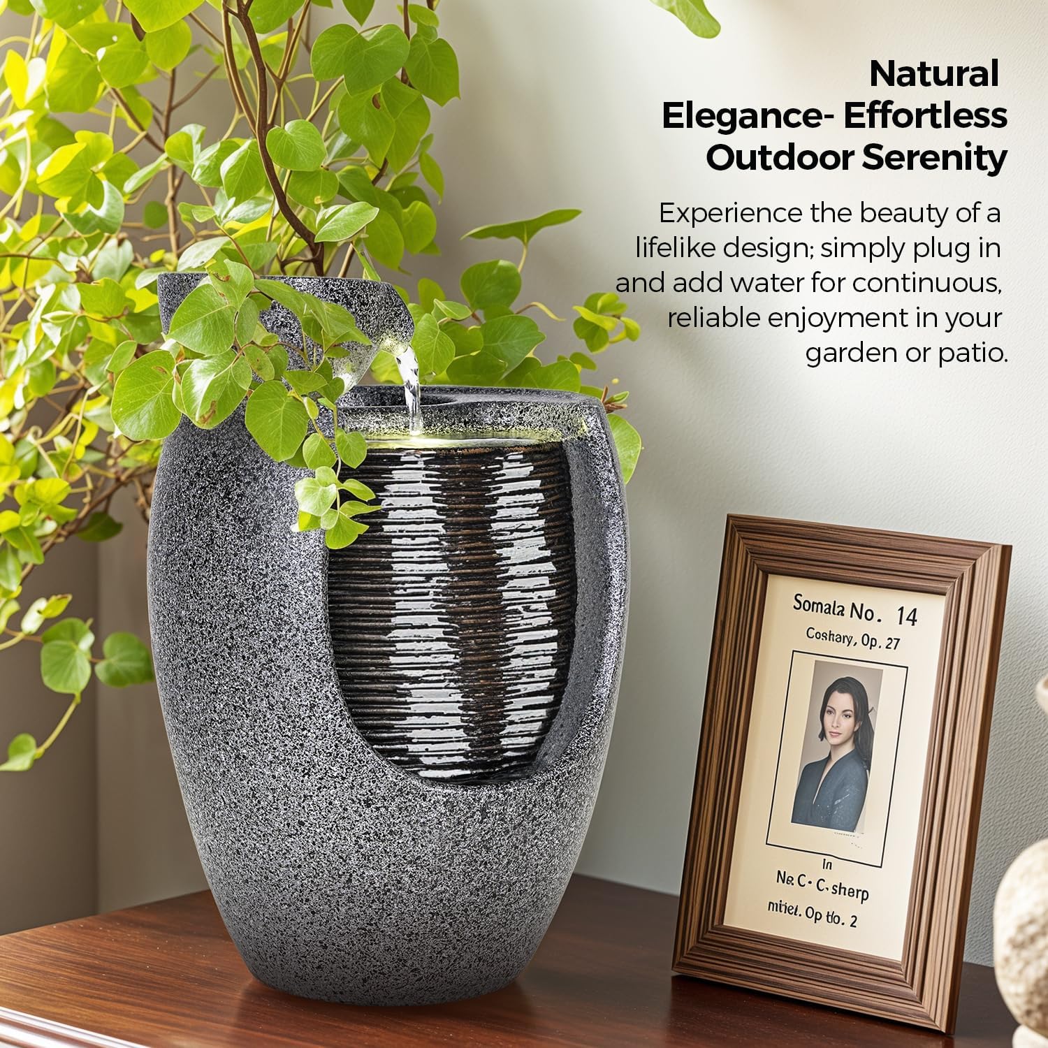 10 Inch Ceramic LED Tabletop Water Fountain with Plant Holder
