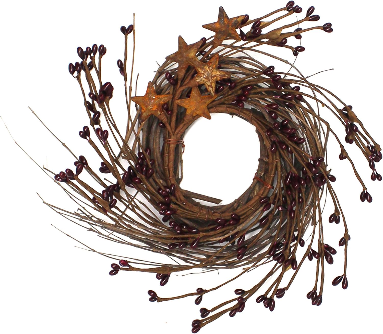 Rustic Pip Berries and Twig Wreath with Barn Stars 7 Inch Burgundy