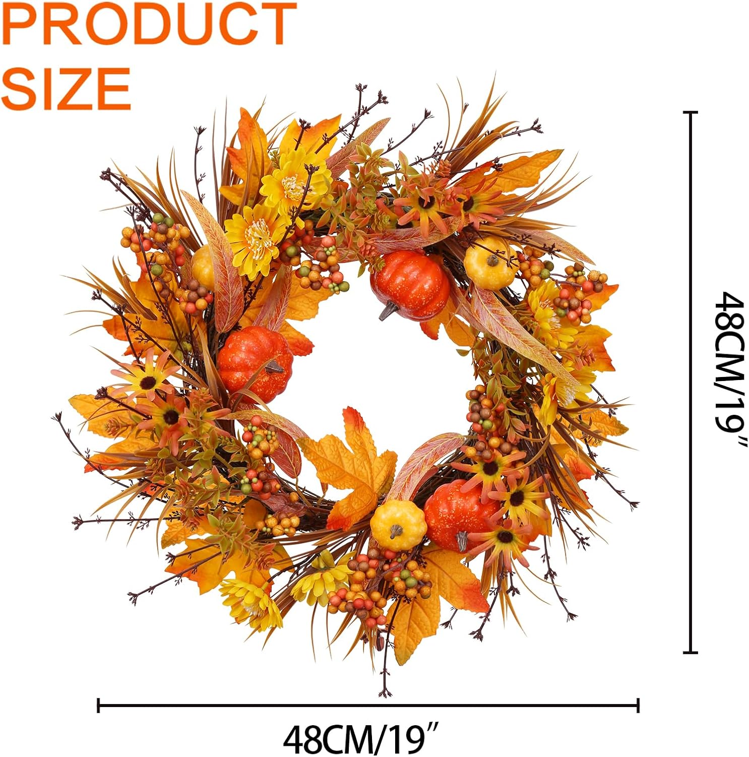 19 Inch Artificial Fall Wreath with Pumpkins and Maple Leaves