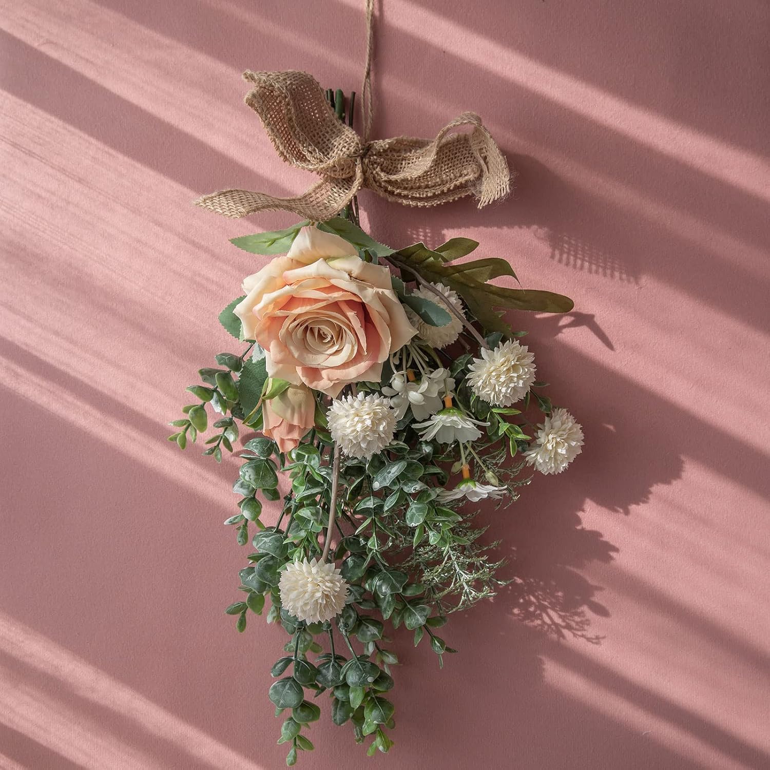15 Inch Artificial Floral Swag Wreath with Eucalyptus and Burlap Bow