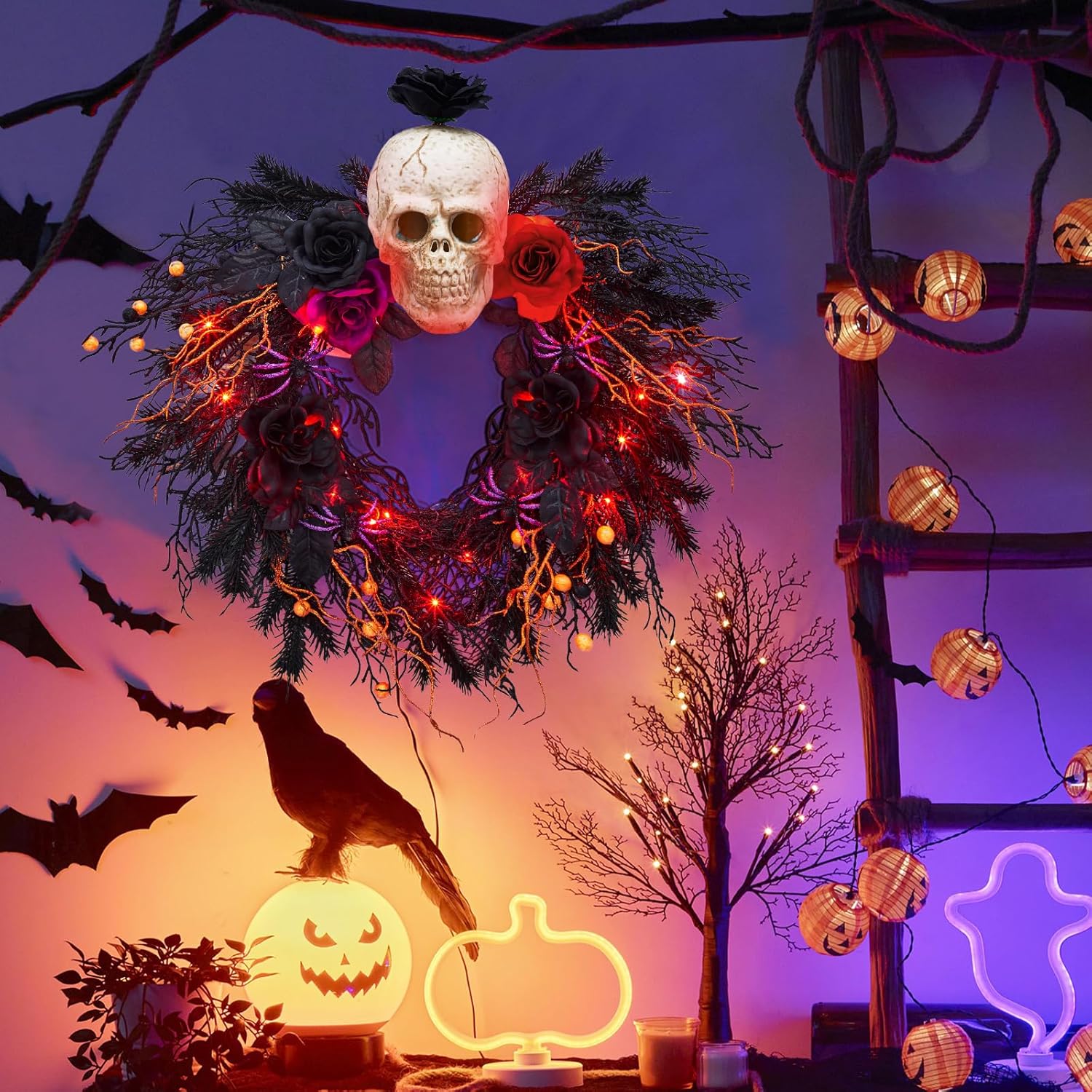 20 Inch Halloween Wreath with Lights and Decor