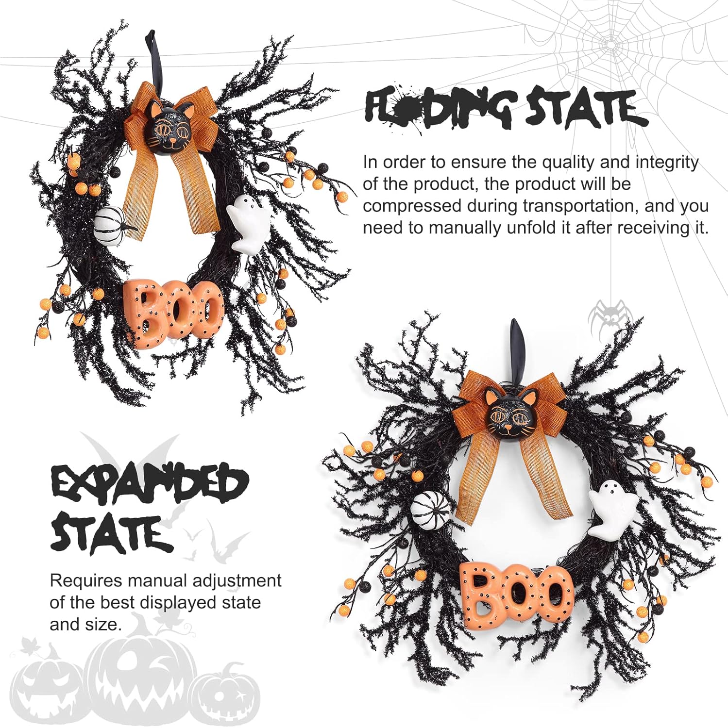 Adeeing 18 Inch Halloween Wreath with Black Cat and Boo Sign