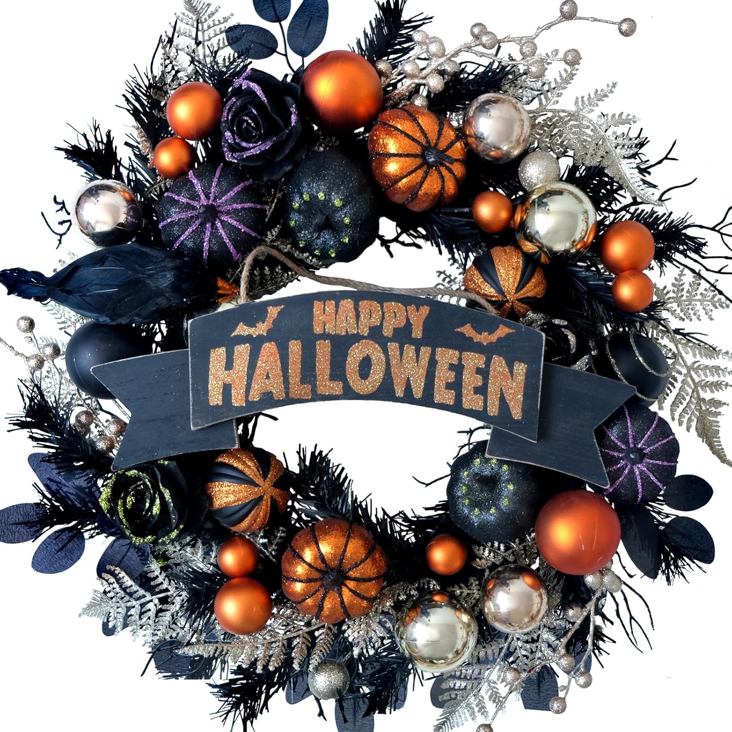 Halloween Glitter Pumpkin Wreath with Balls Berries and Black Roses