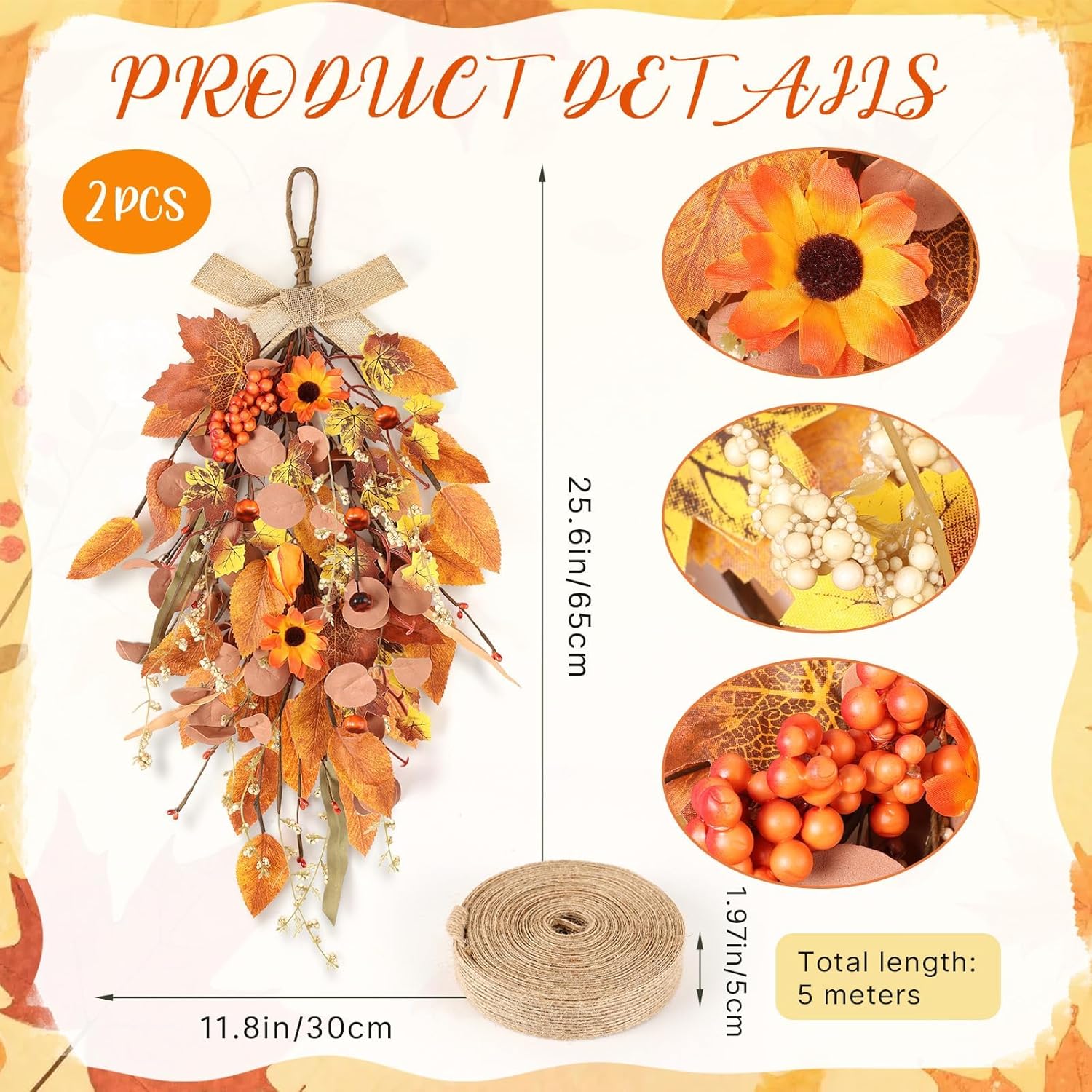 2 Pcs 24 Autumn Harvest Teardrop Wreath for Front Door
