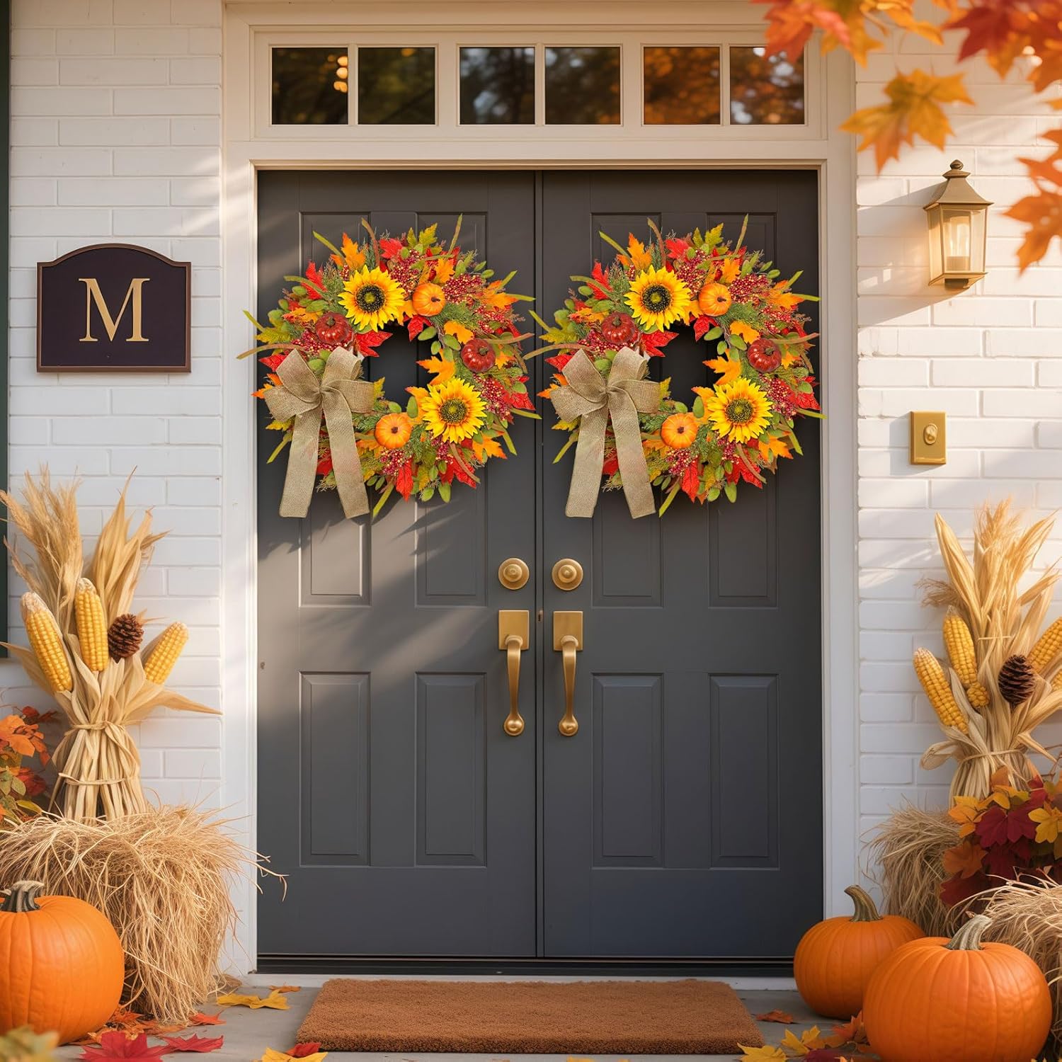 Fall Wreath with Lights and Pumpkins for Front Door