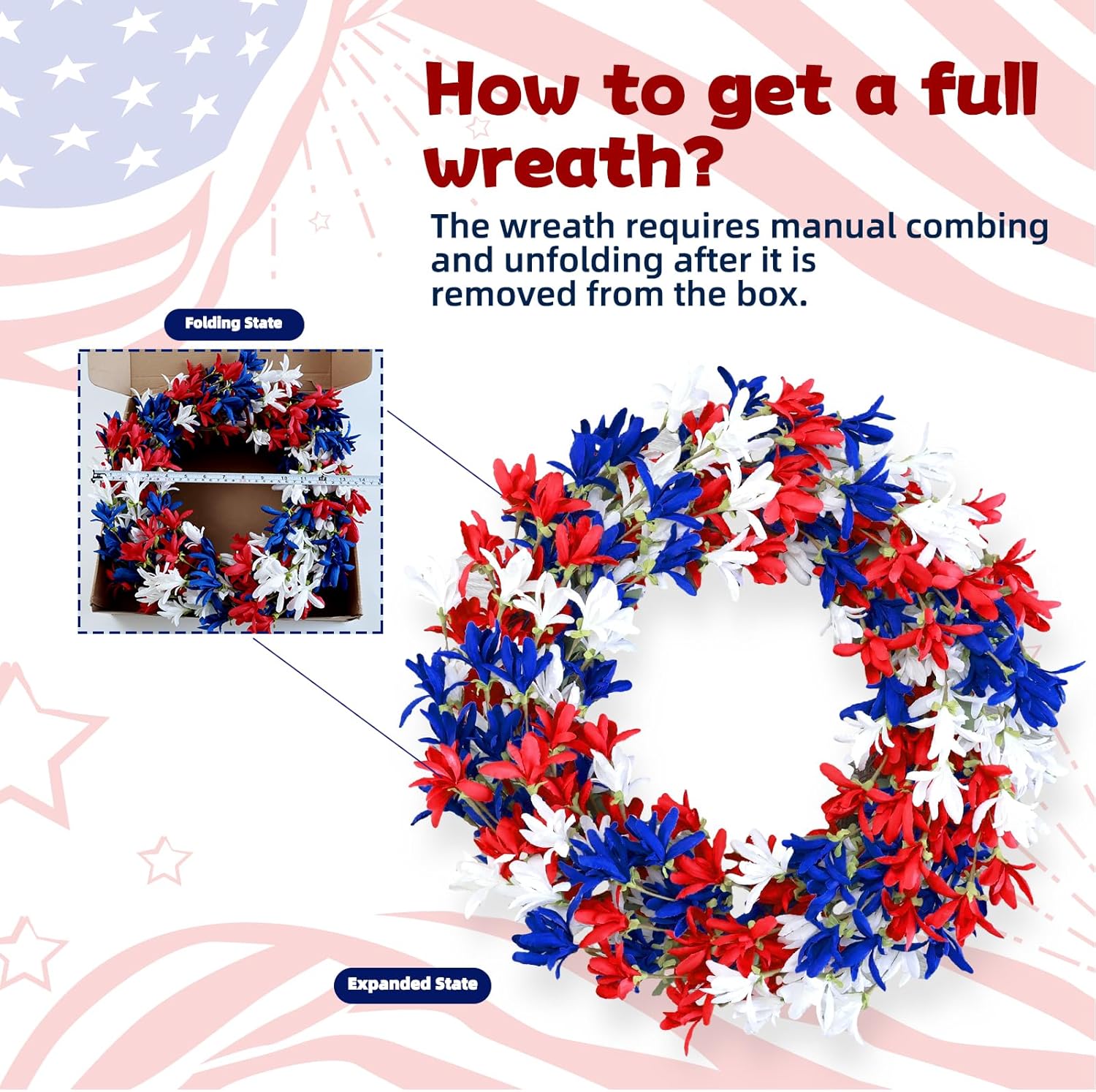 4th of July Wreath with Red White Blue Flowers