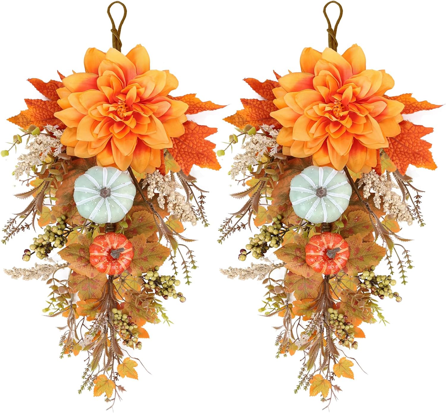 22 Inch Fall Wreaths 2 PCS Teardrop Swag for Front Door