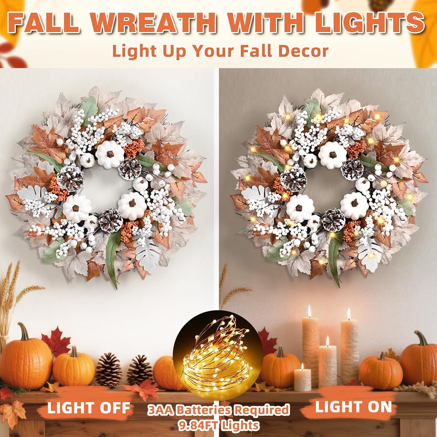 Yastouay 20 Inch Fall Wreath with Lights