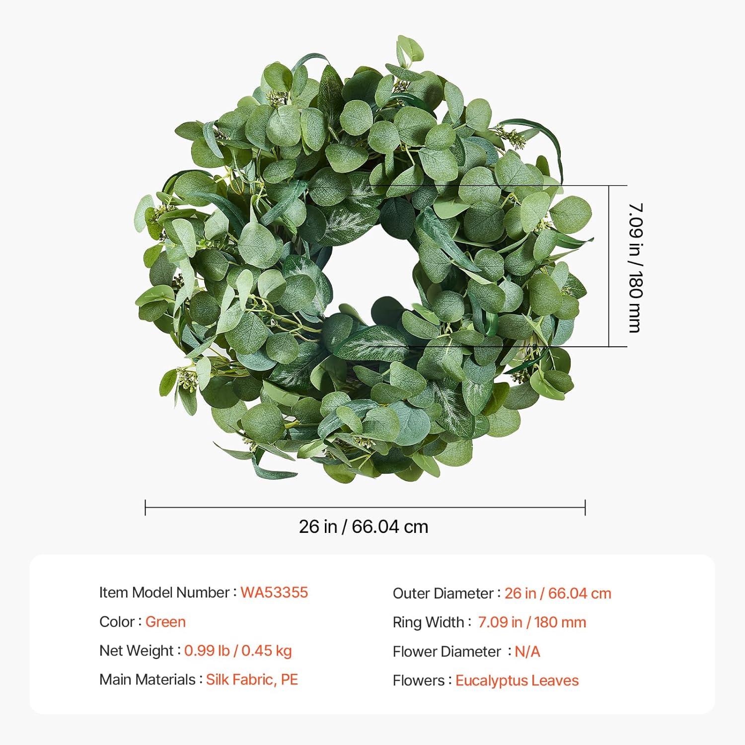 VEVOR 26 Inch Eucalyptus Wreath for Front Door