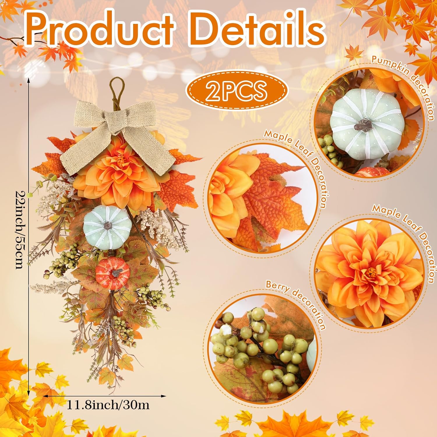 22 Inch Fall Wreaths 2 PCS Teardrop Swag for Front Door