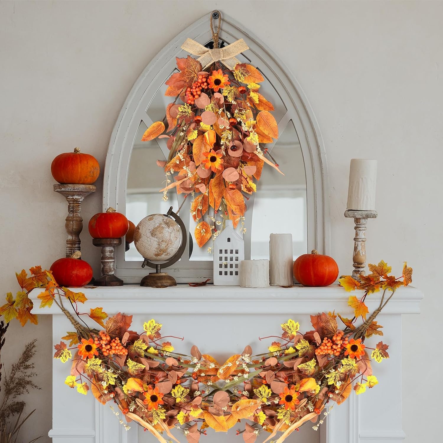 2 Pcs 24 Autumn Harvest Teardrop Wreath for Front Door