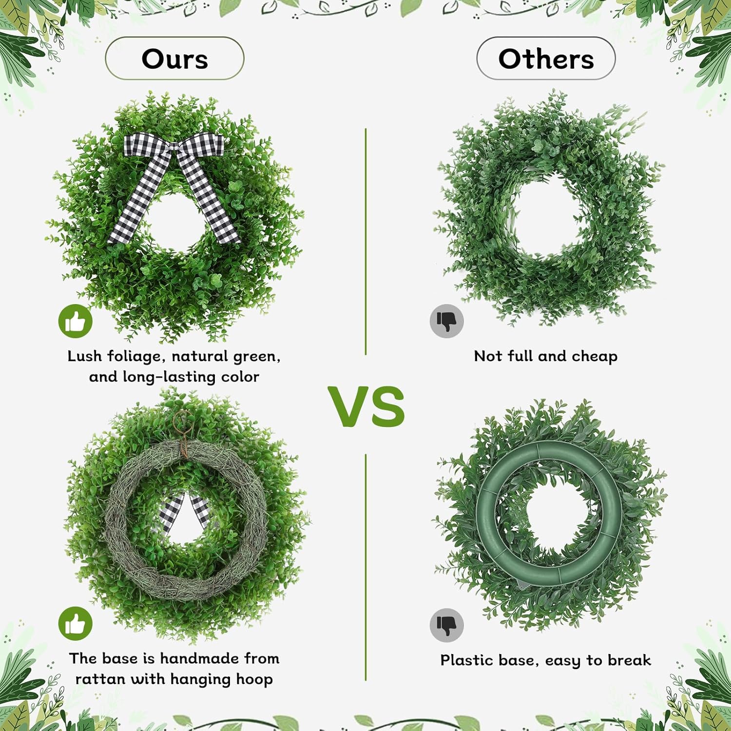 Artificial Boxwood Wreath with 3 Plaid Bows 24 Inch