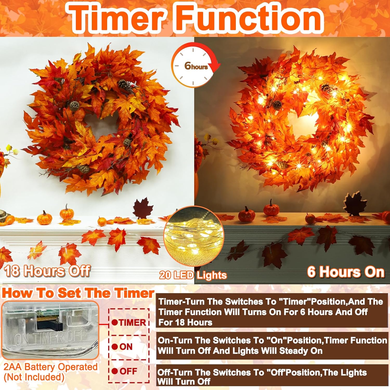 24 Inch Lighted Fall Wreath for Front Door