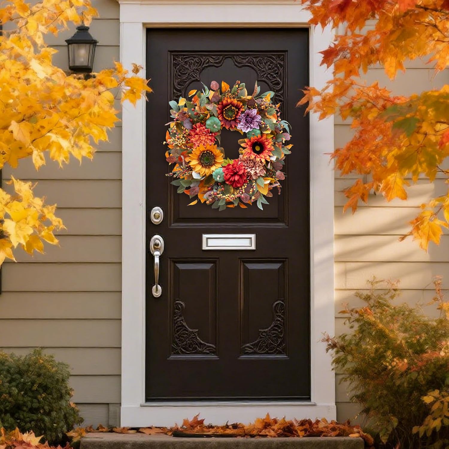 24 Inch Autumn Front Door Wreath with Pumpkins and Fall Leaves