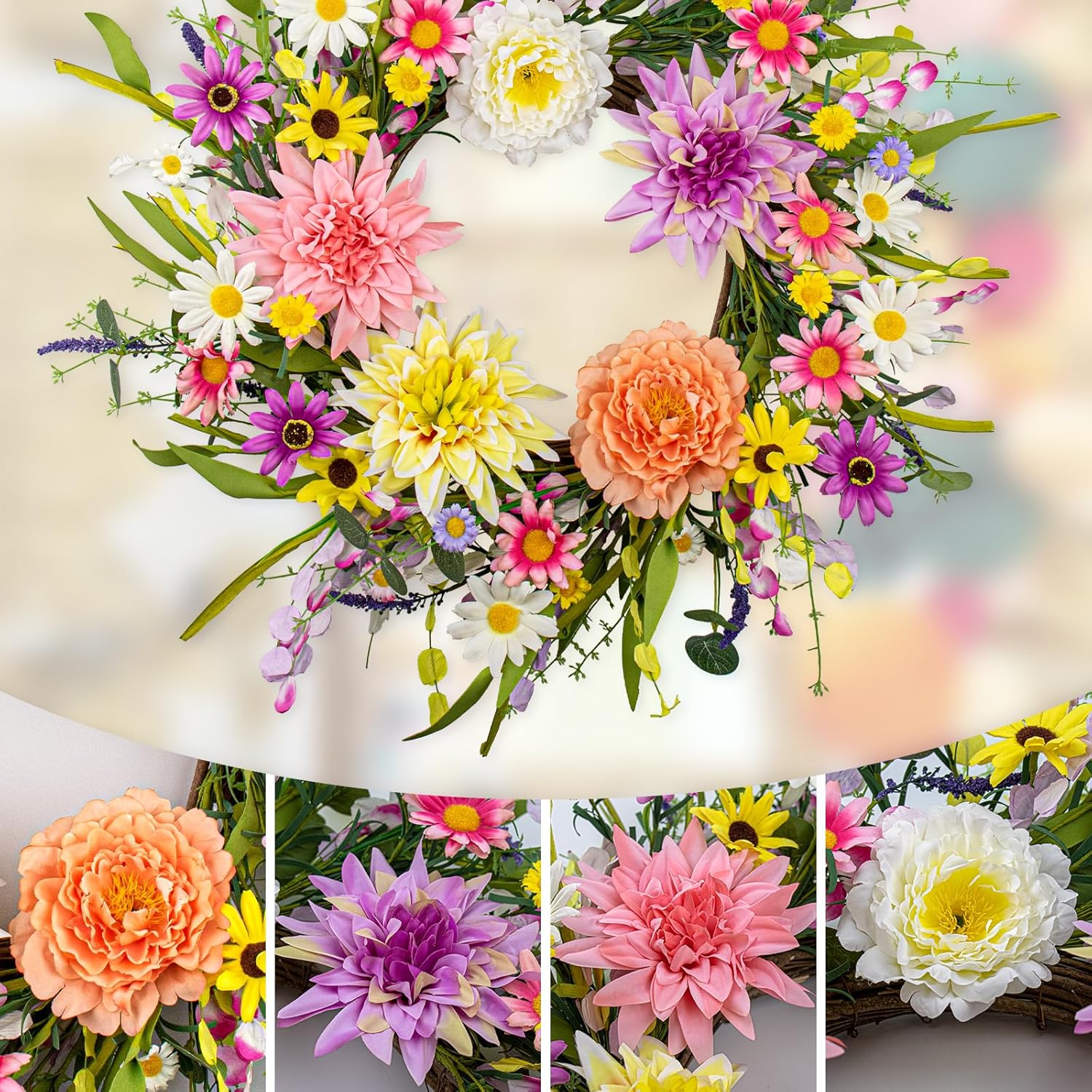 Vibrant 22 Inch Spring Wreath with Dahlias and Daisies