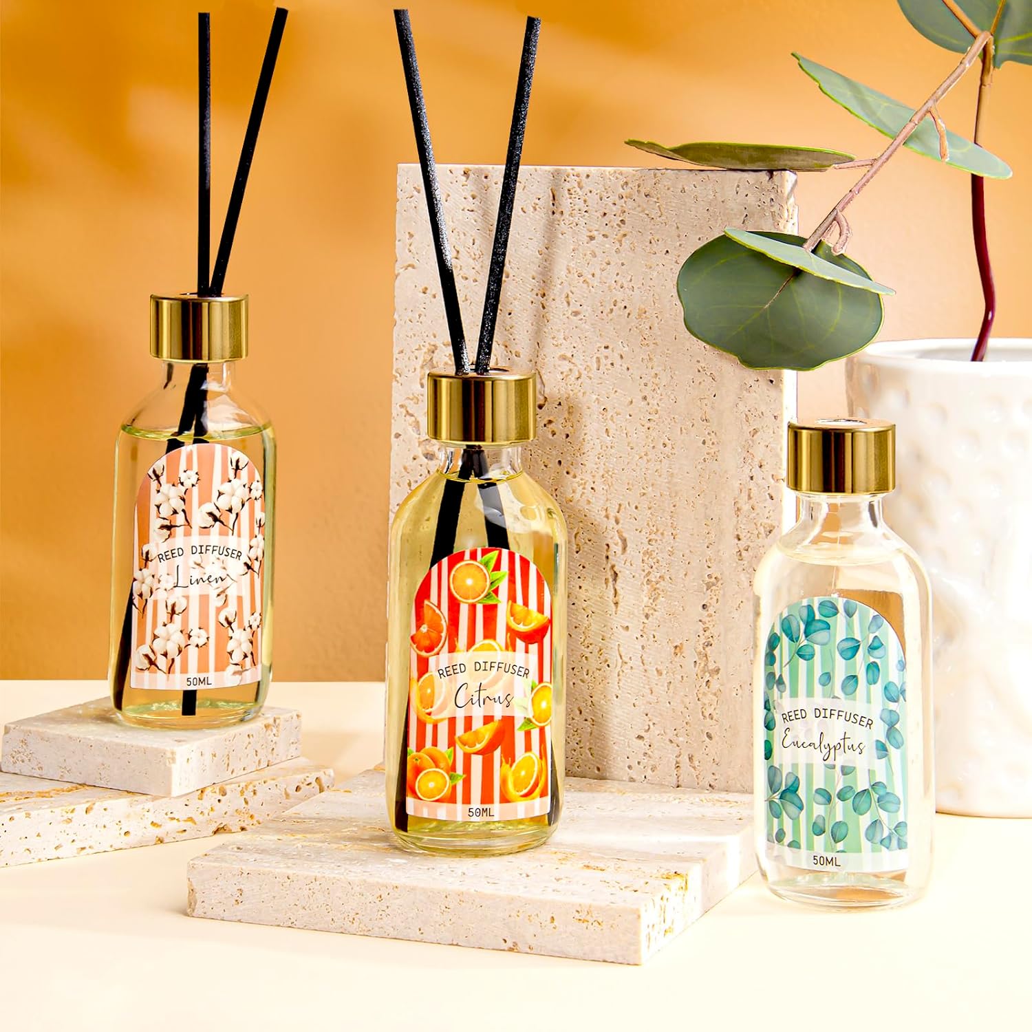 3 Pack Reed Diffuser Set with Linen Eucalyptus Citrus Scent
