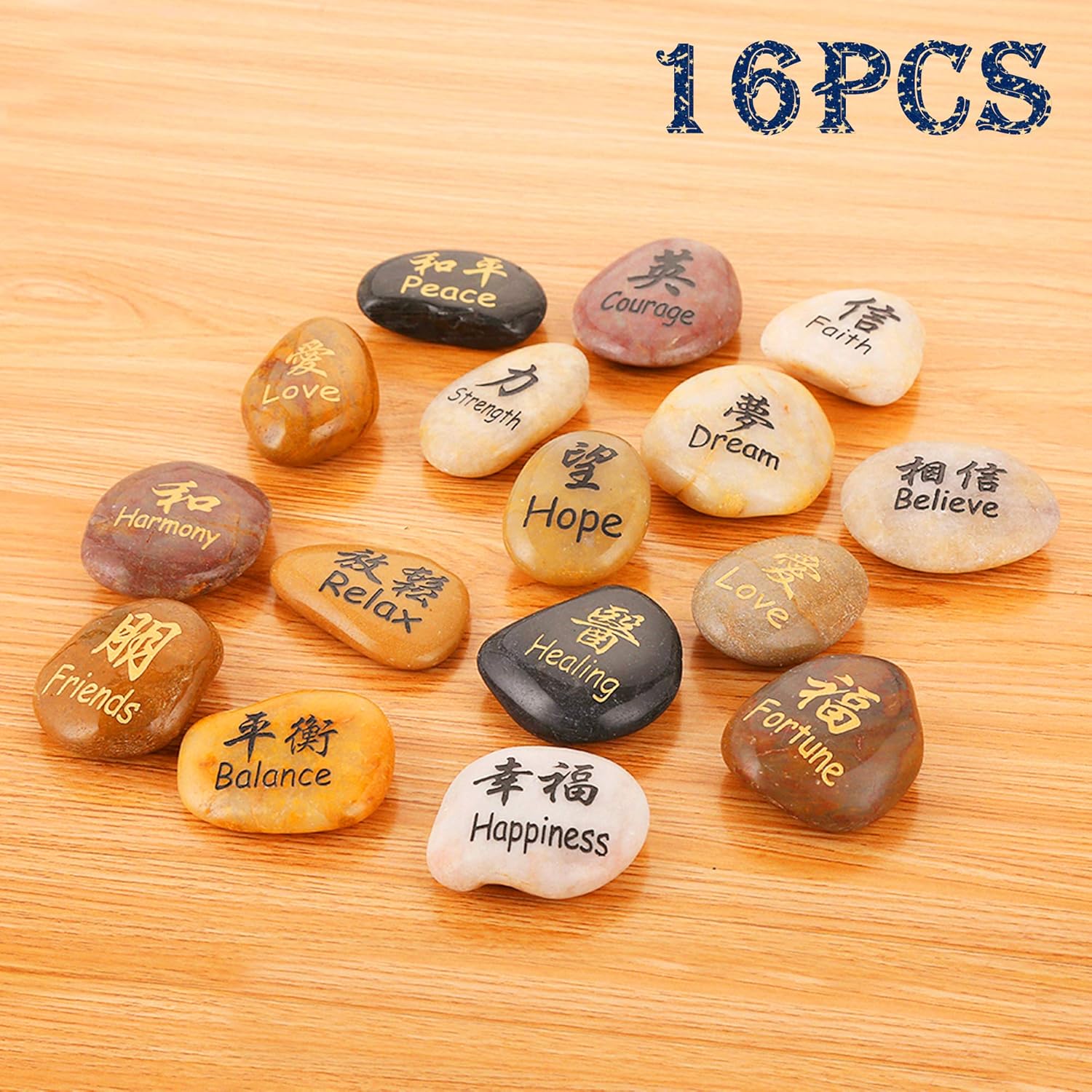 ROCKIMPACT Inspirational Kanji Engraved Stones Set of 16
