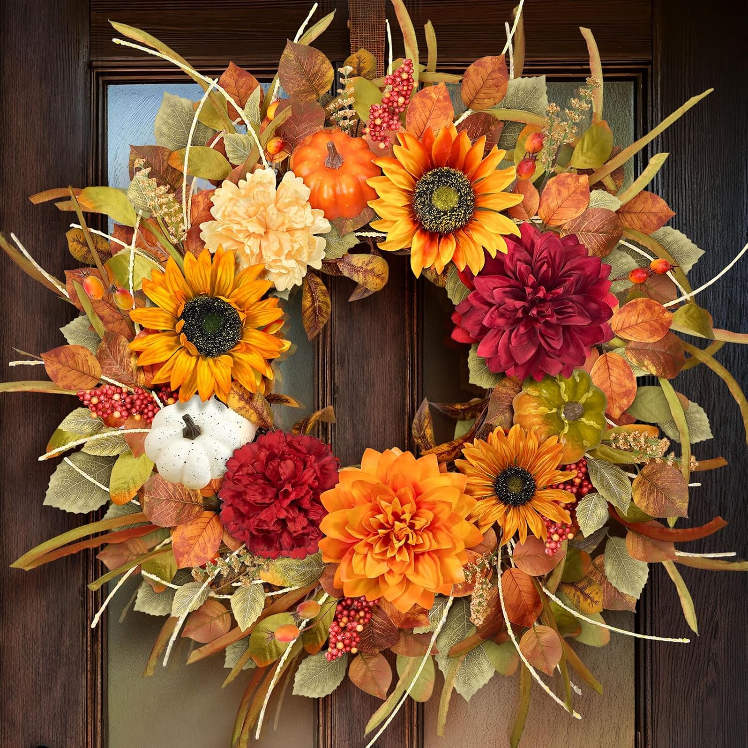 Fall Door Wreath with Sunflowers and Pumpkins