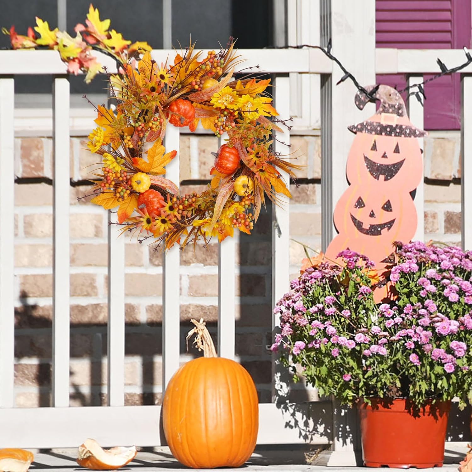 19 Inch Artificial Fall Wreath with Pumpkins and Maple Leaves