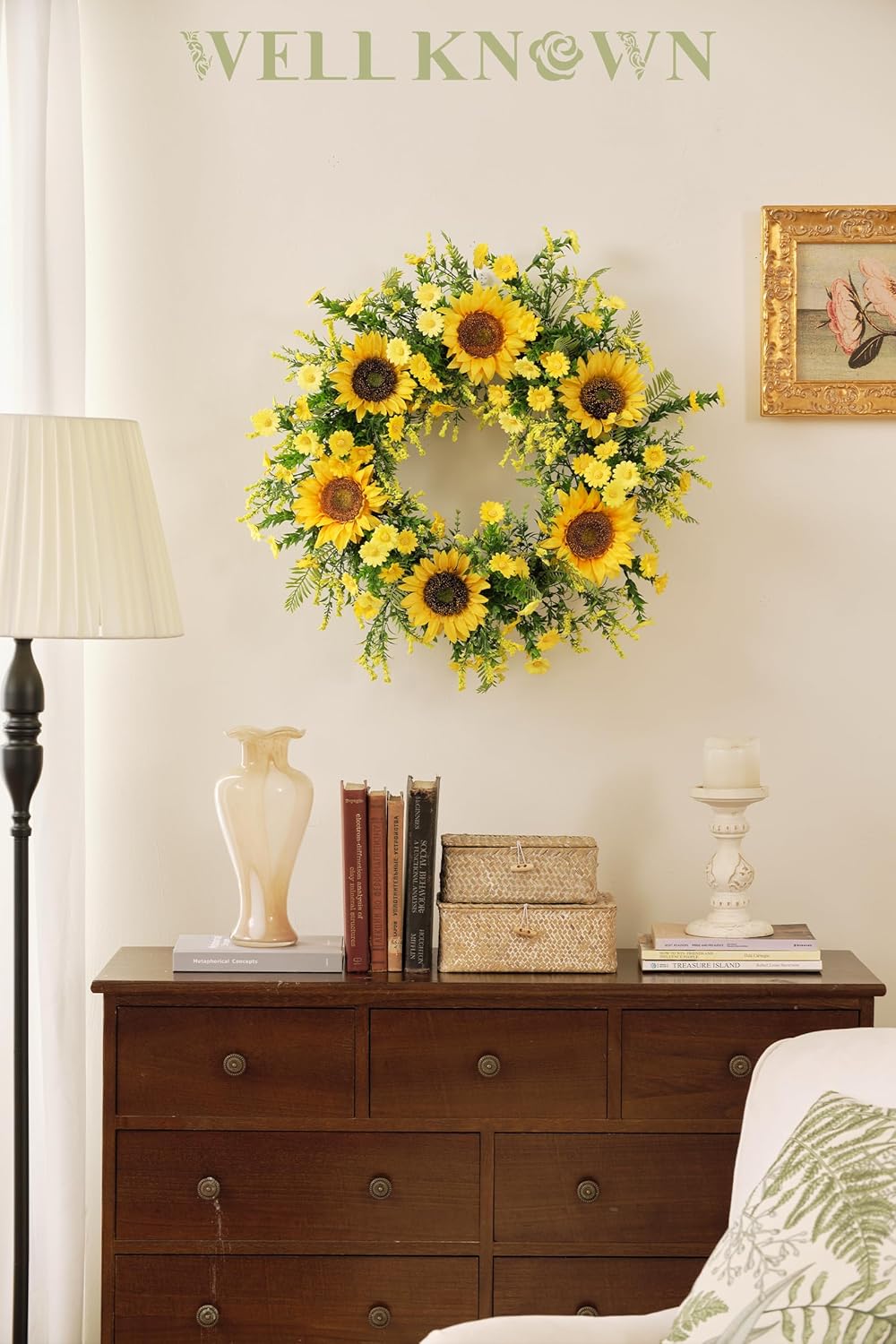 21 Inch Yellow Silk Sunflower Wreath for Front Door