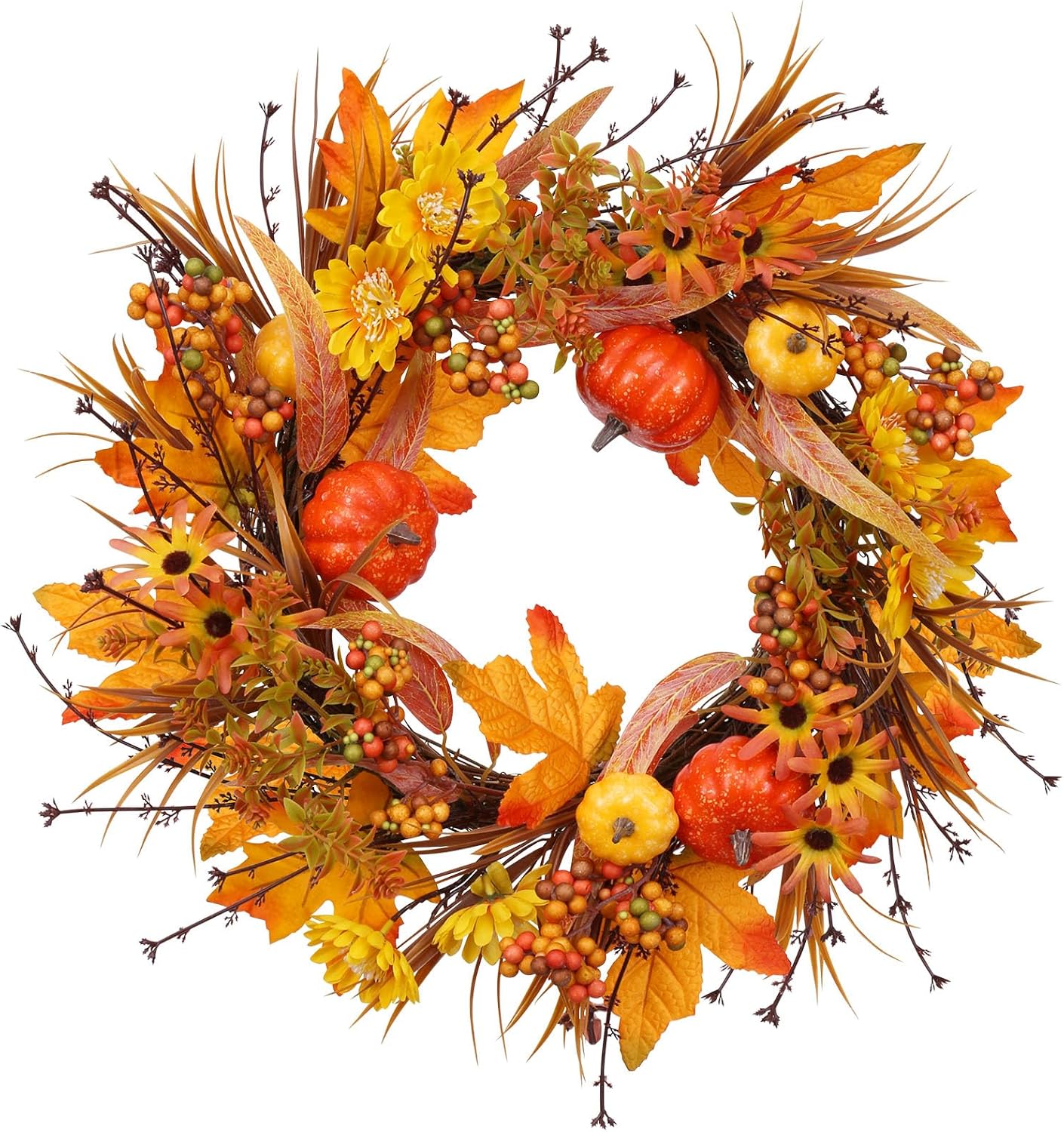 19 Inch Artificial Fall Wreath with Pumpkins and Maple Leaves