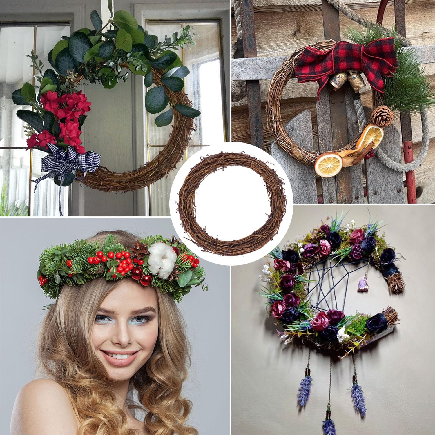 7pcs 10 Inch Natural Rattan Wreath for Home Decor