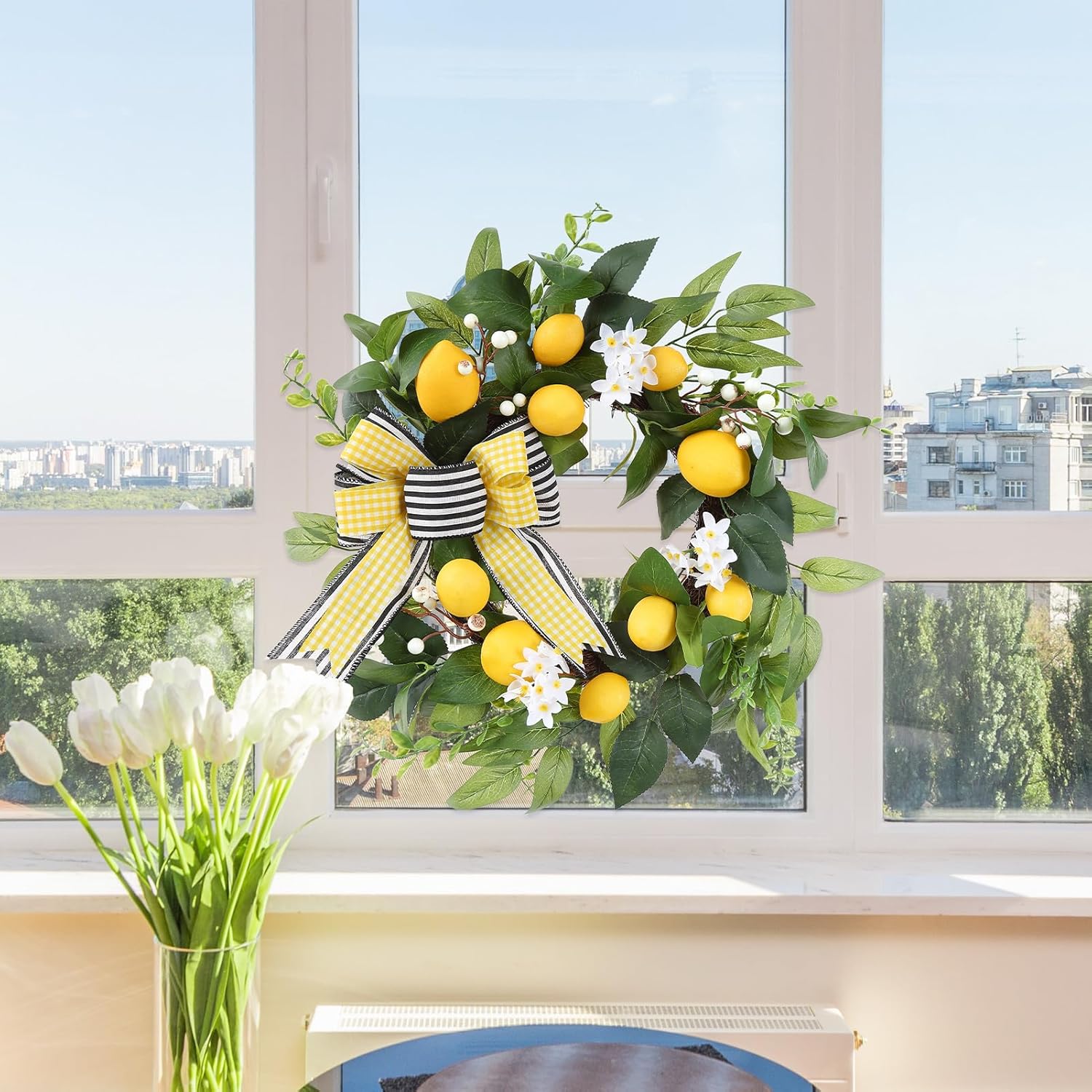 20 Inch Spring Summer Lemon Wreath with Daisy Bow and Eucalyptus