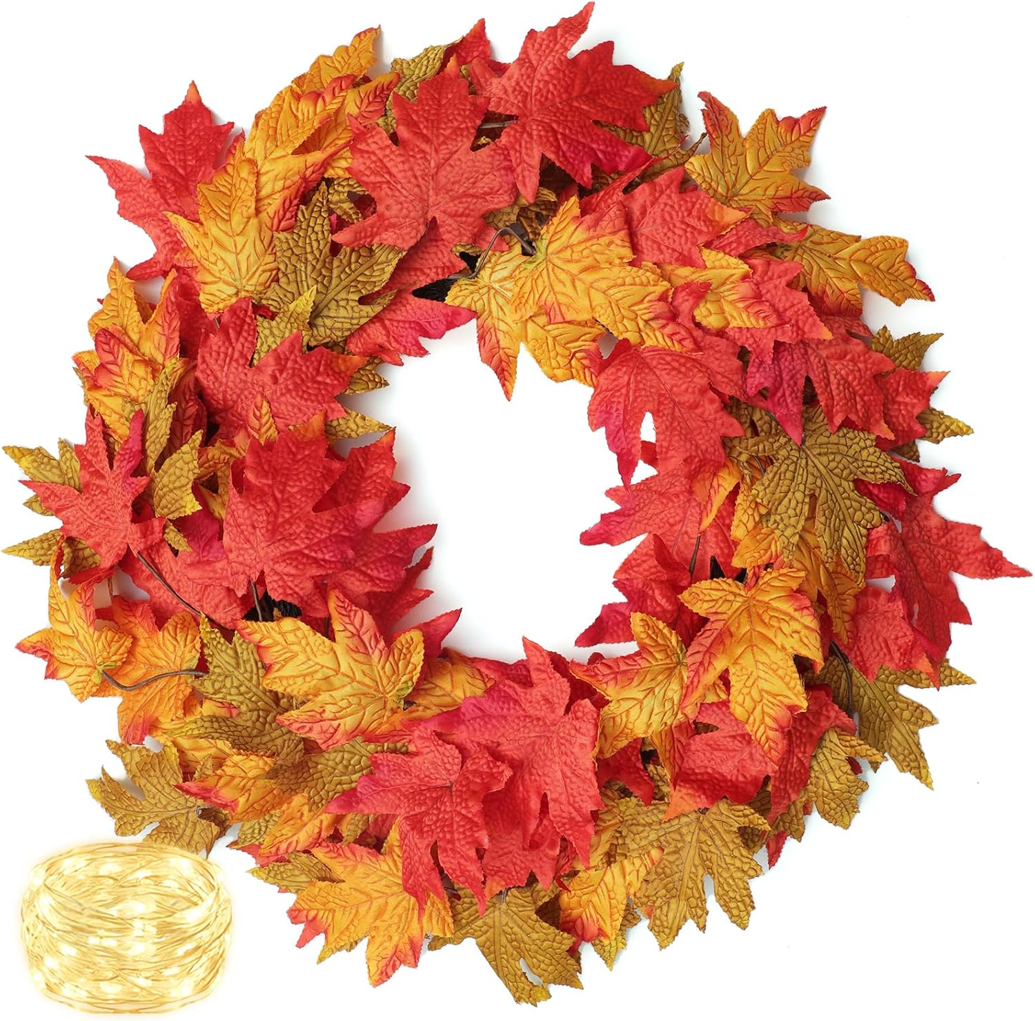 26 Inch Foldable Fall Wreath with Lights and Timer