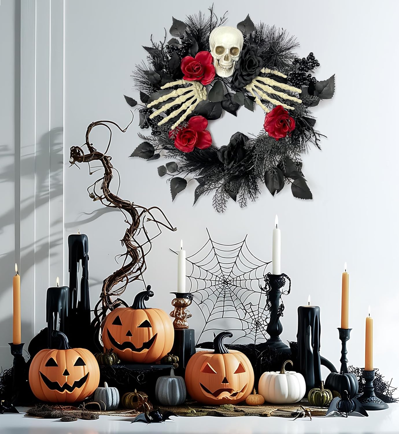 Gothic Halloween Skull Wreath with Hands and Roses