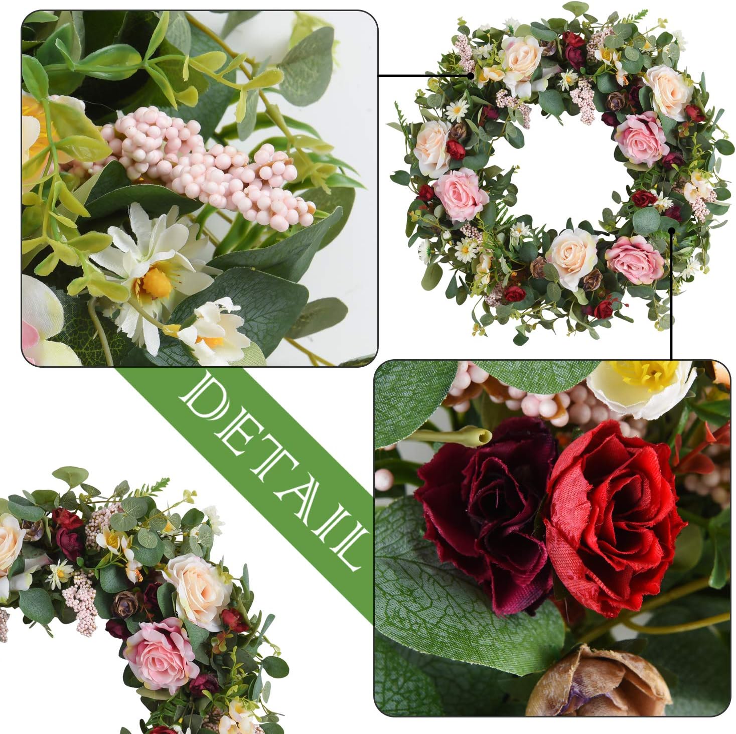 WANNA-CUL 24 Inch Spring Rose Wreath for Front Door