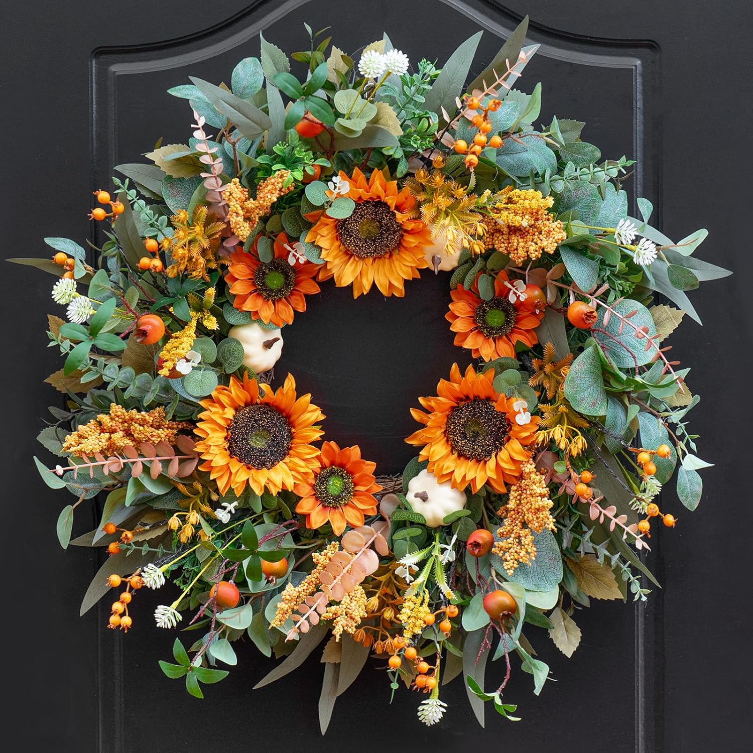 24-Inch Fall Door Wreath with Sunflowers Pumpkins Boxwood Eucalyptus Berries