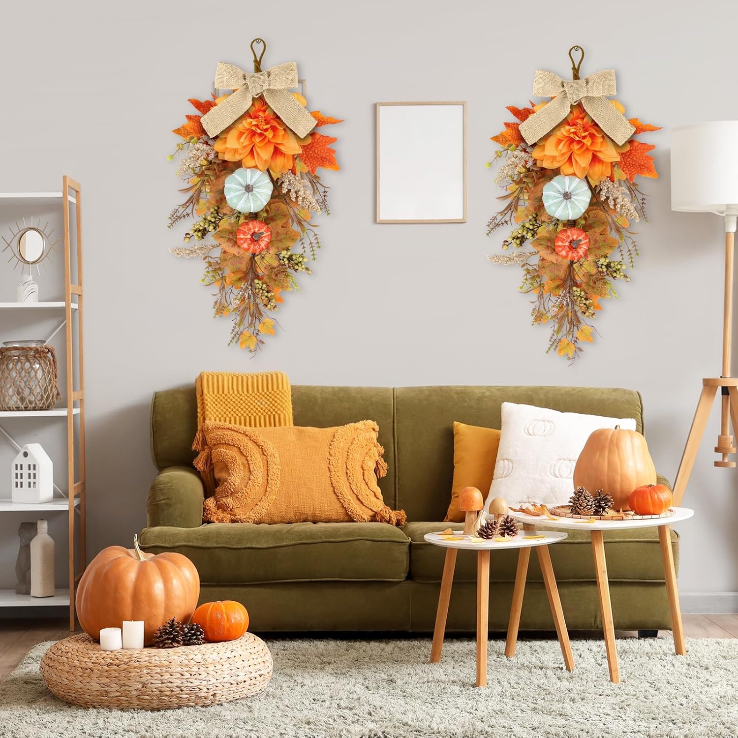 22 Inch Fall Wreaths 2 PCS Teardrop Swag for Front Door
